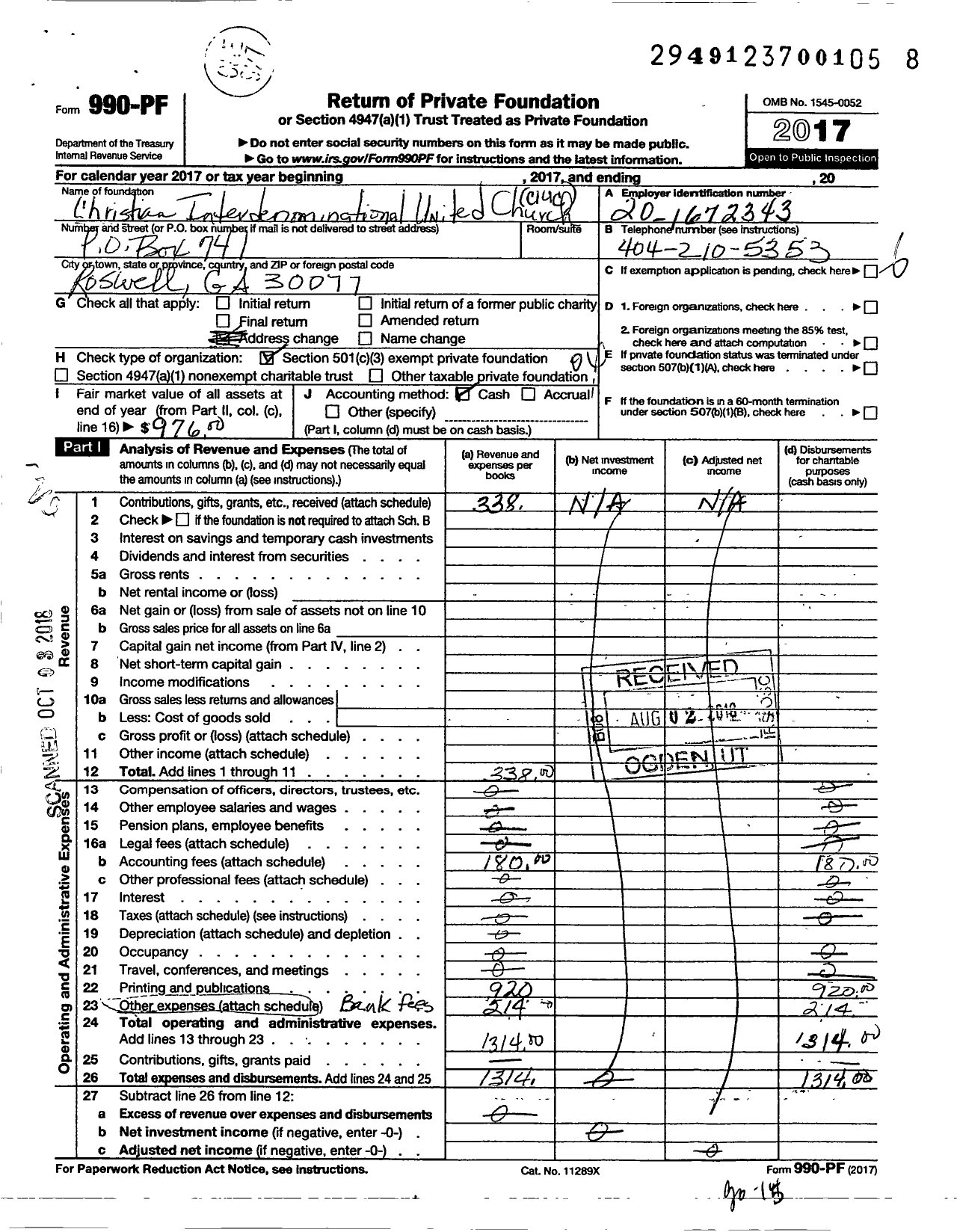 Image of first page of 2017 Form 990PF for Christian Interdenominational United Church (CIUC)