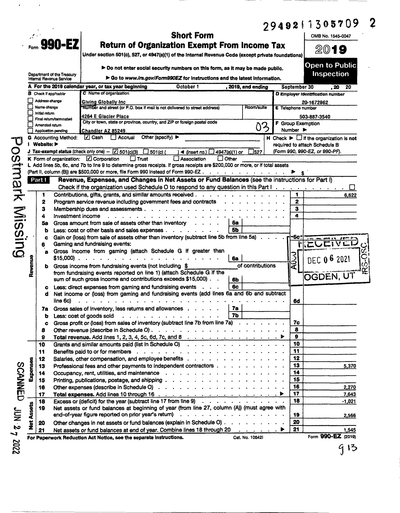 Image of first page of 2019 Form 990EZ for Giving Globally