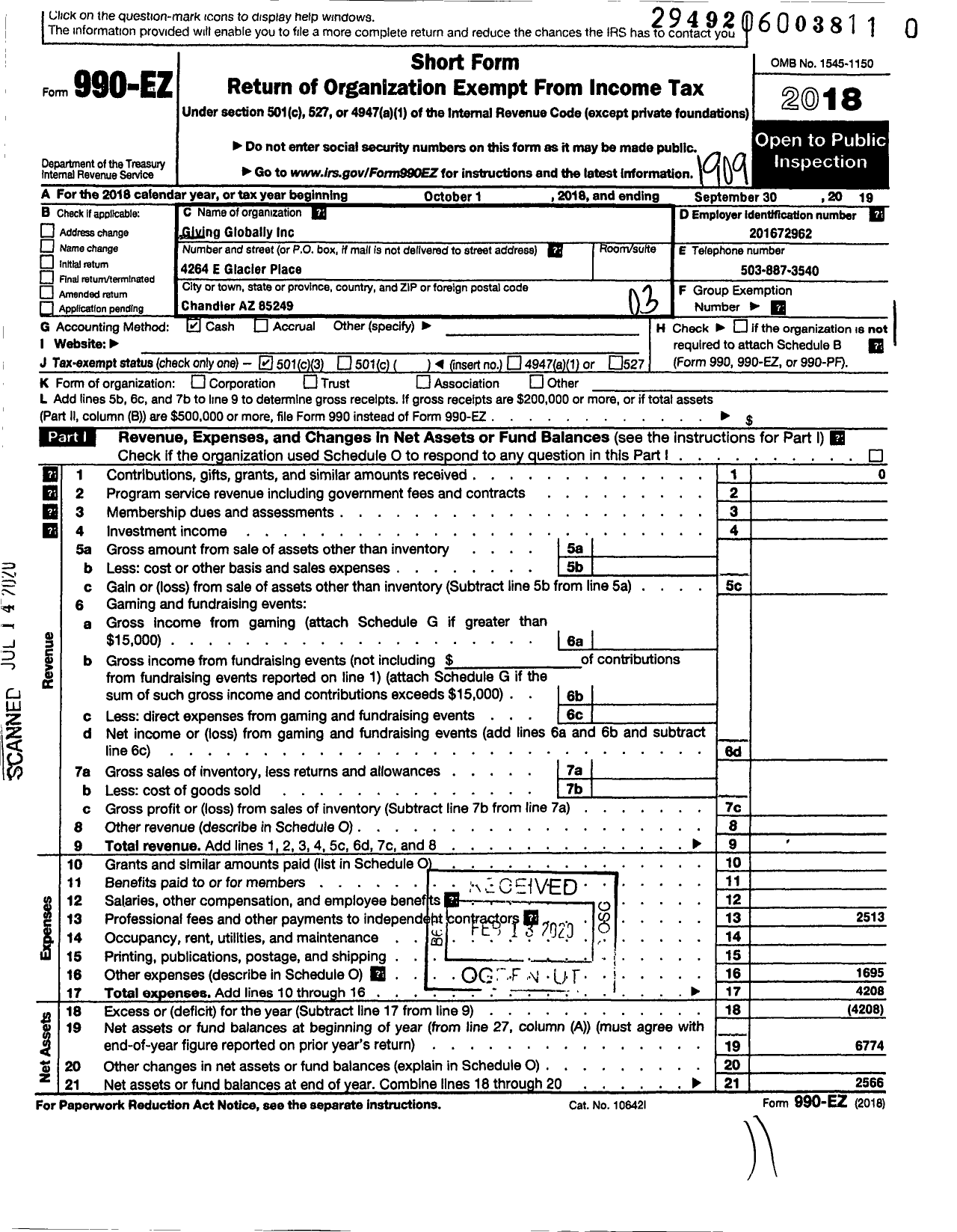 Image of first page of 2018 Form 990EZ for Giving Globally