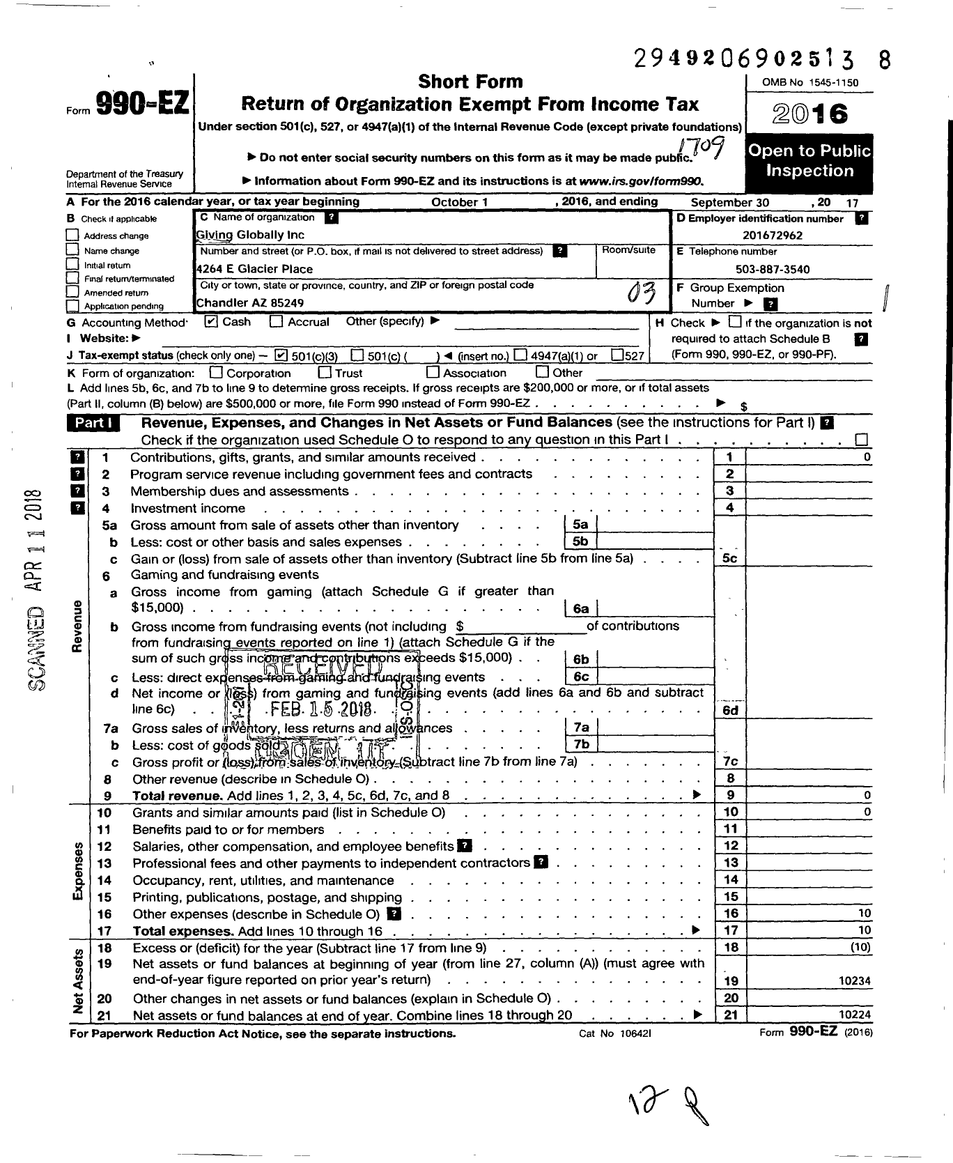 Image of first page of 2016 Form 990EZ for Giving Globally