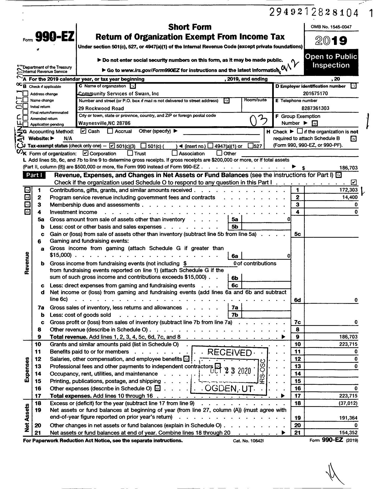 Image of first page of 2019 Form 990EZ for Community Services of Swain