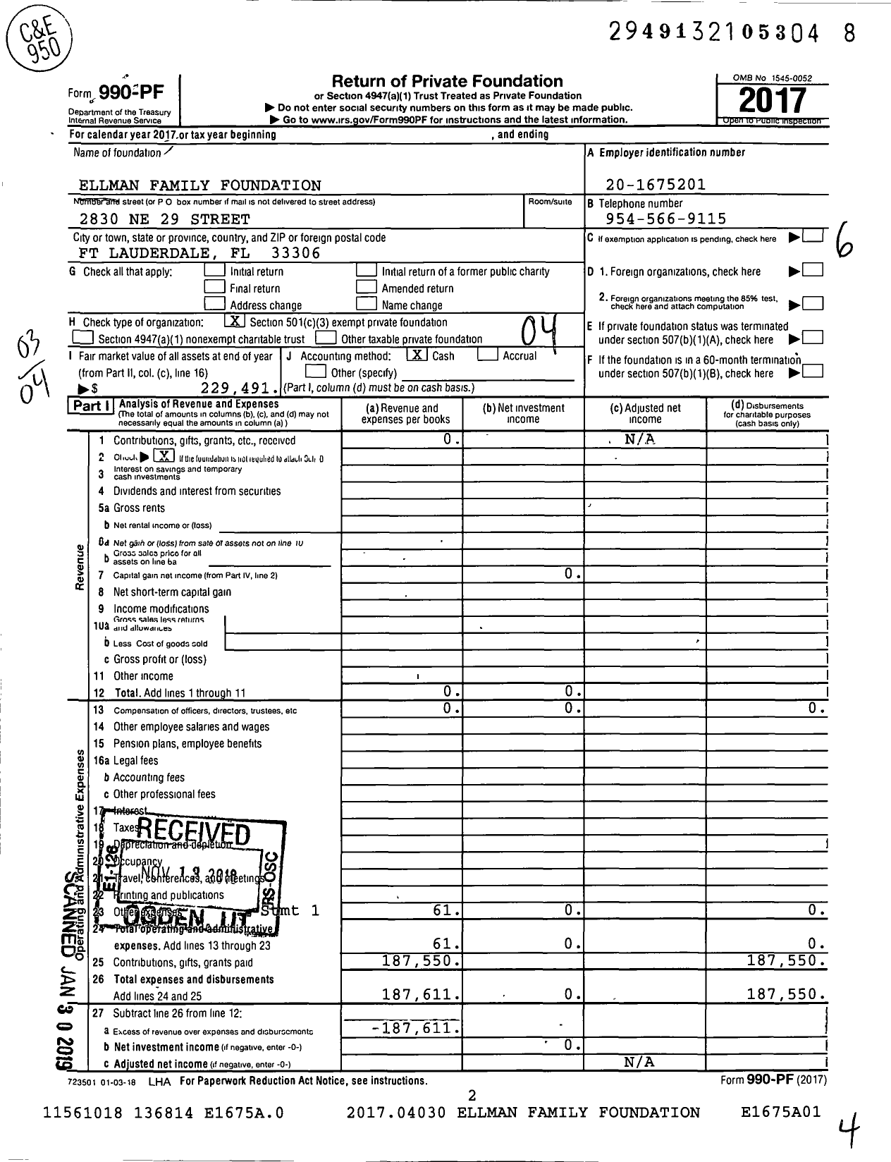 Image of first page of 2017 Form 990PF for Ellman Family Foundation
