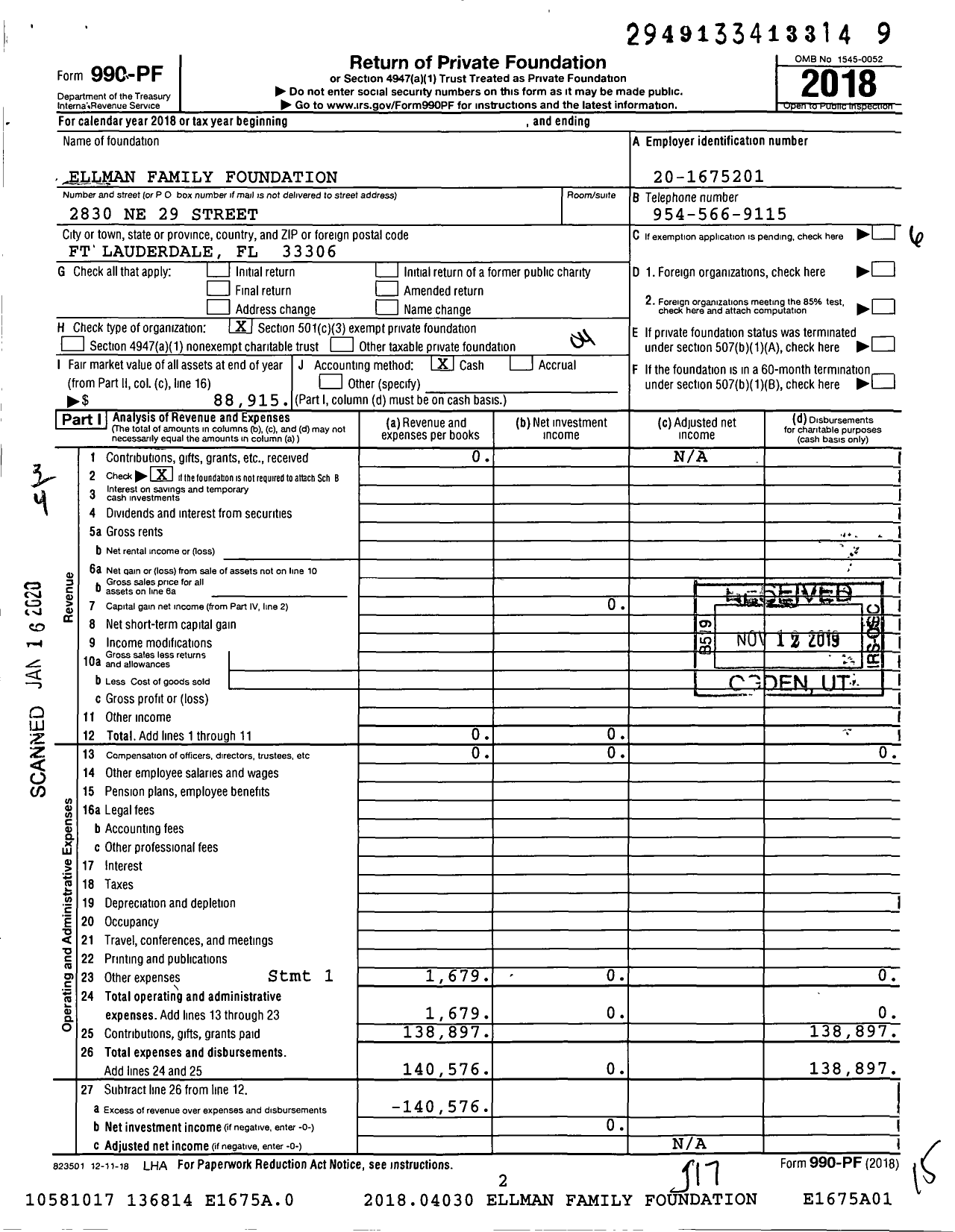 Image of first page of 2018 Form 990PF for Ellman Family Foundation