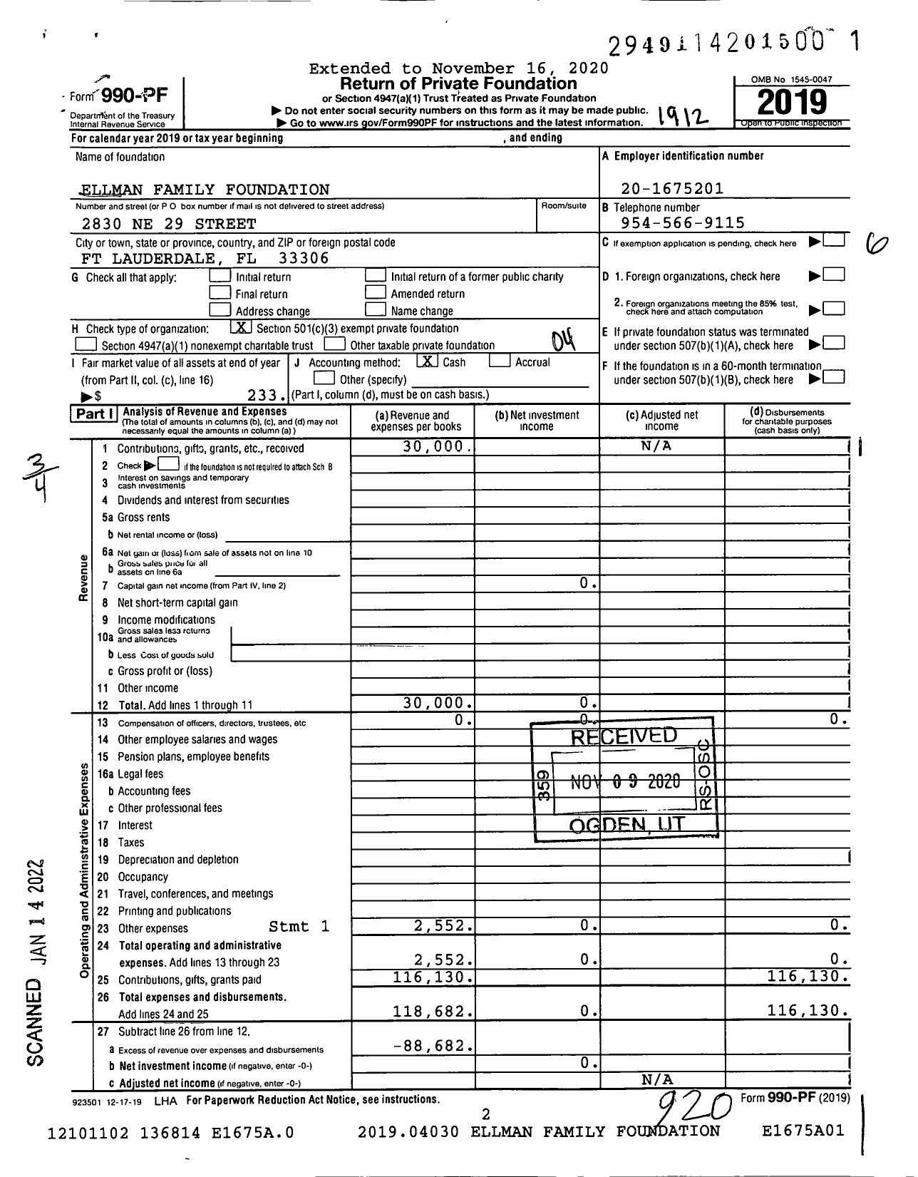 Image of first page of 2019 Form 990PF for Ellman Family Foundation