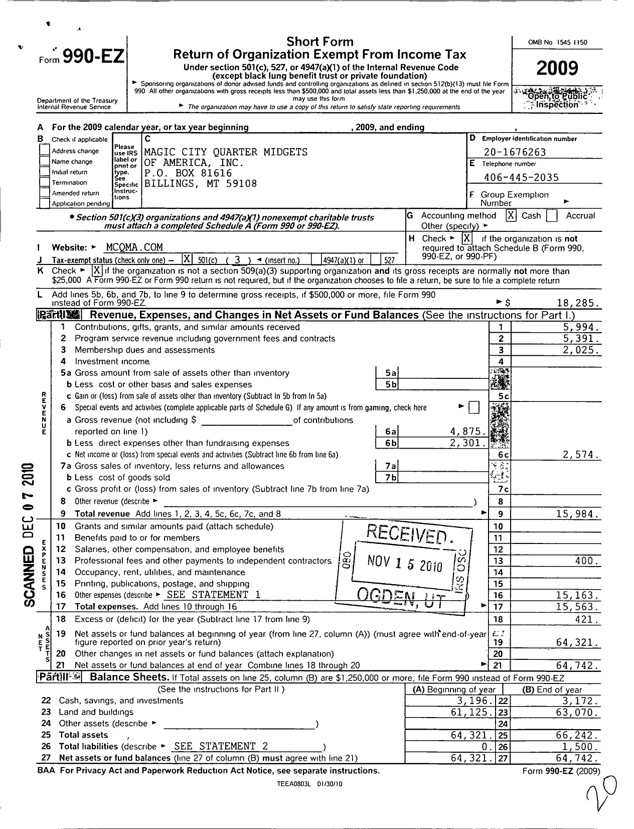 Image of first page of 2009 Form 990EZ for Mountain Country Quarter Midget Association