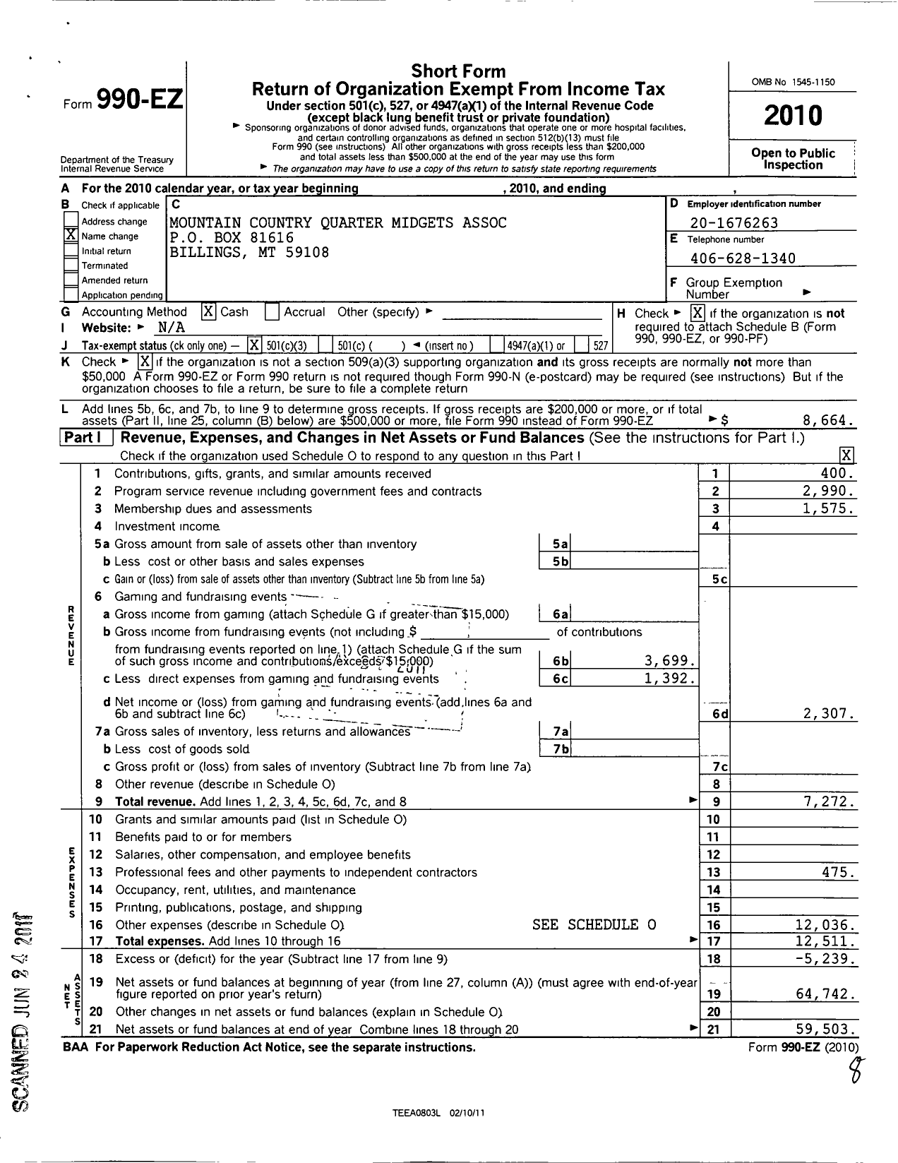 Image of first page of 2010 Form 990EZ for Mountain Country Quarter Midget Association