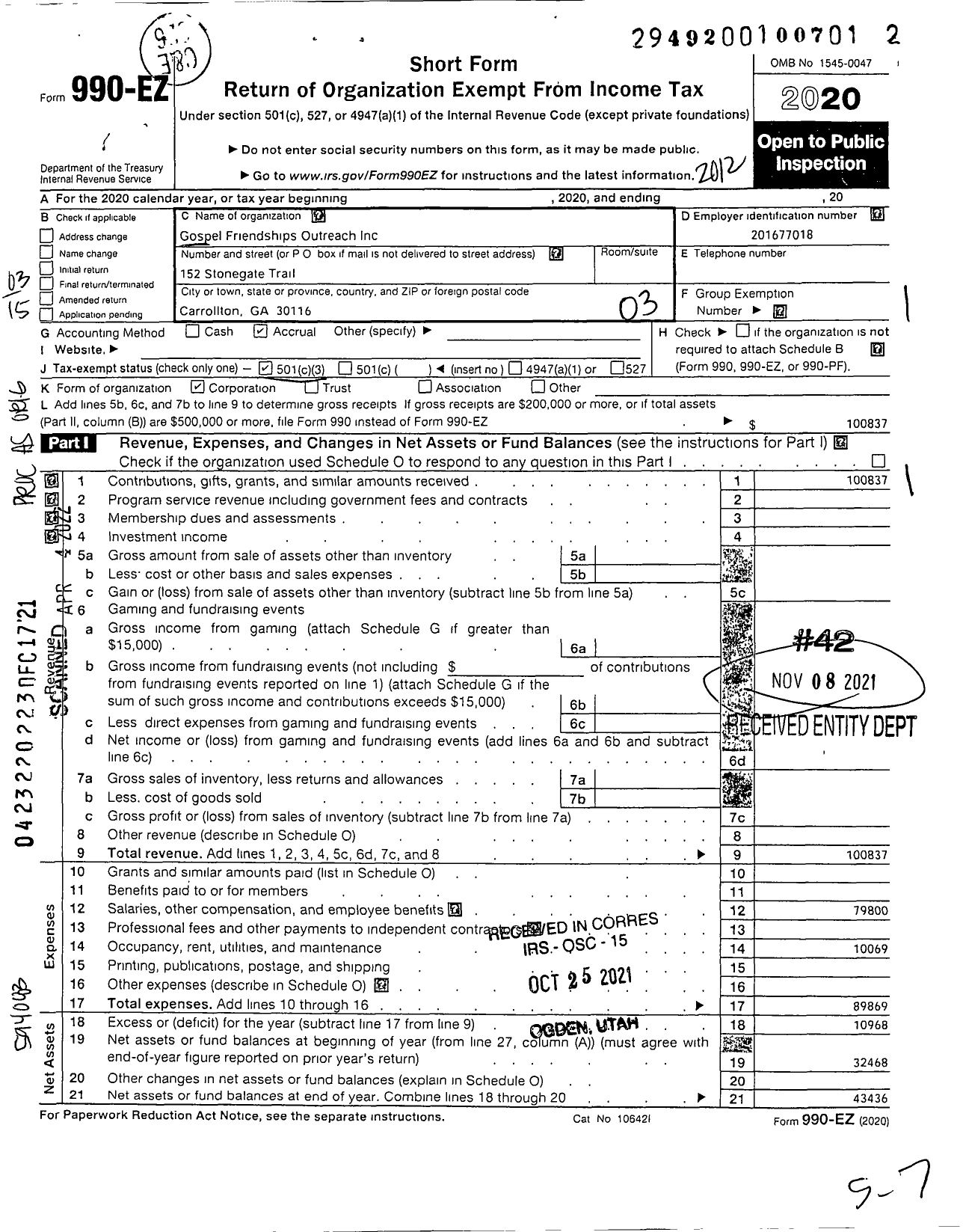 Image of first page of 2020 Form 990EZ for Gospel Friendships Outreach Incorporated