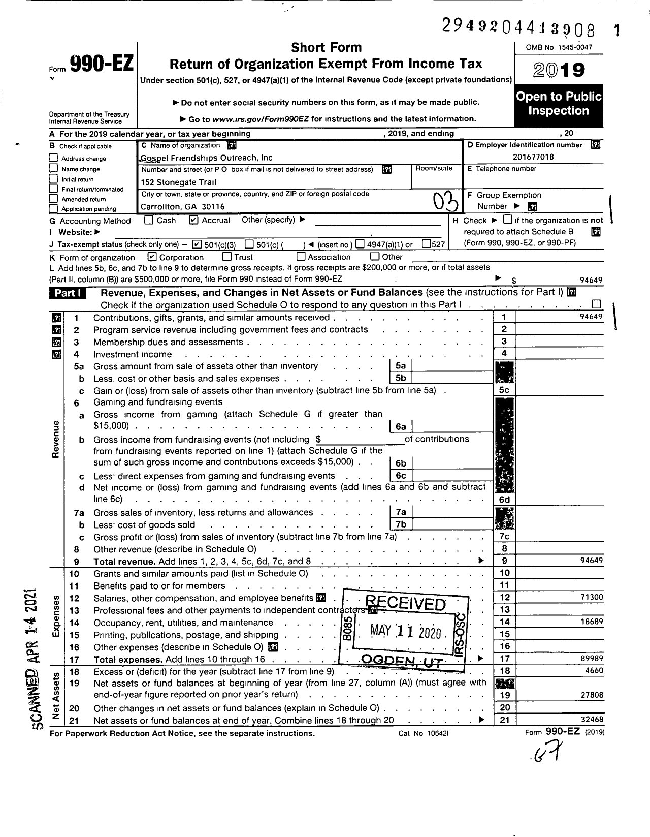 Image of first page of 2019 Form 990EZ for Gospel Friendships Outreach Incorporated