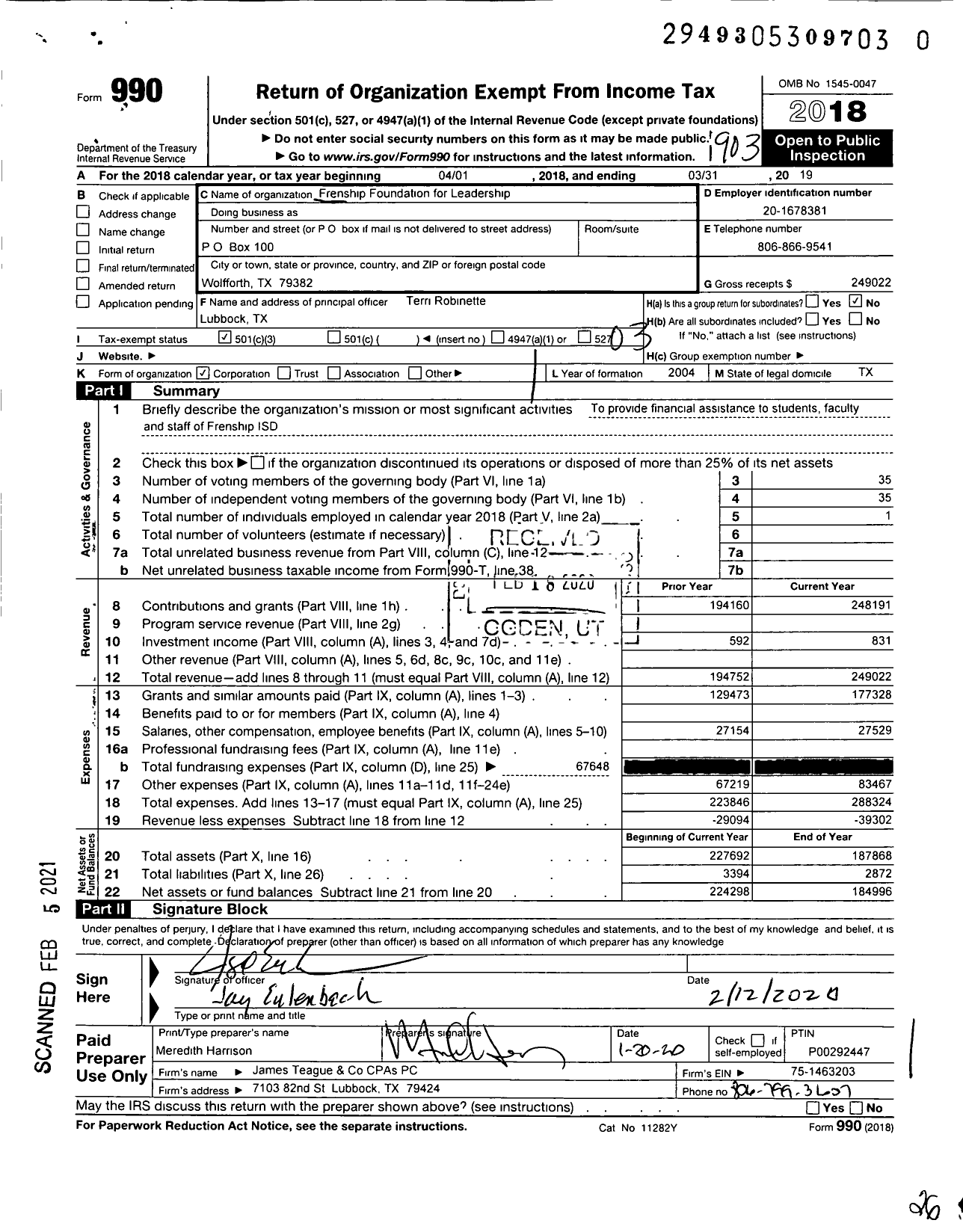 Image of first page of 2018 Form 990 for Frenship Foundation for Leadership