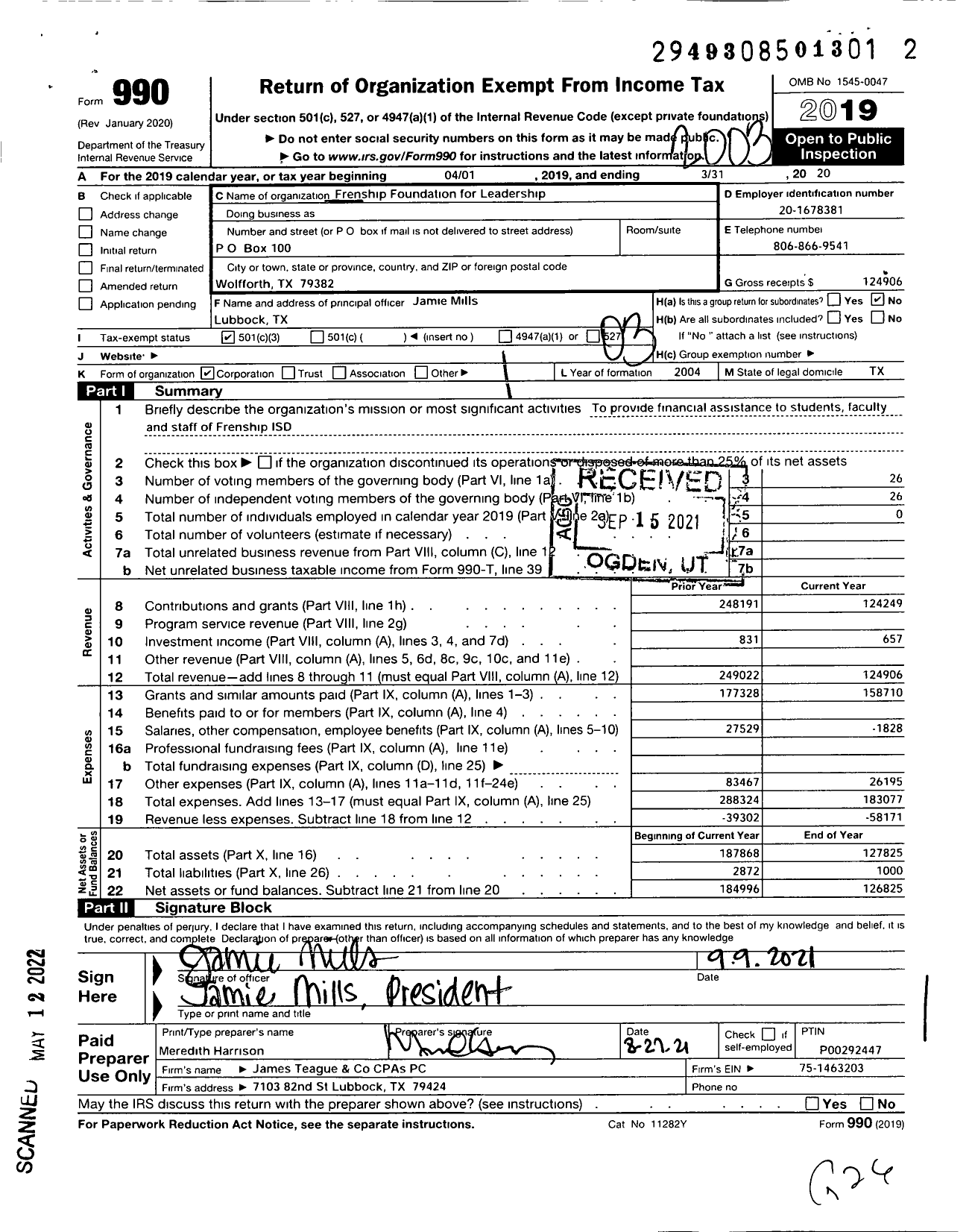 Image of first page of 2019 Form 990 for Frenship Foundation for Leadership