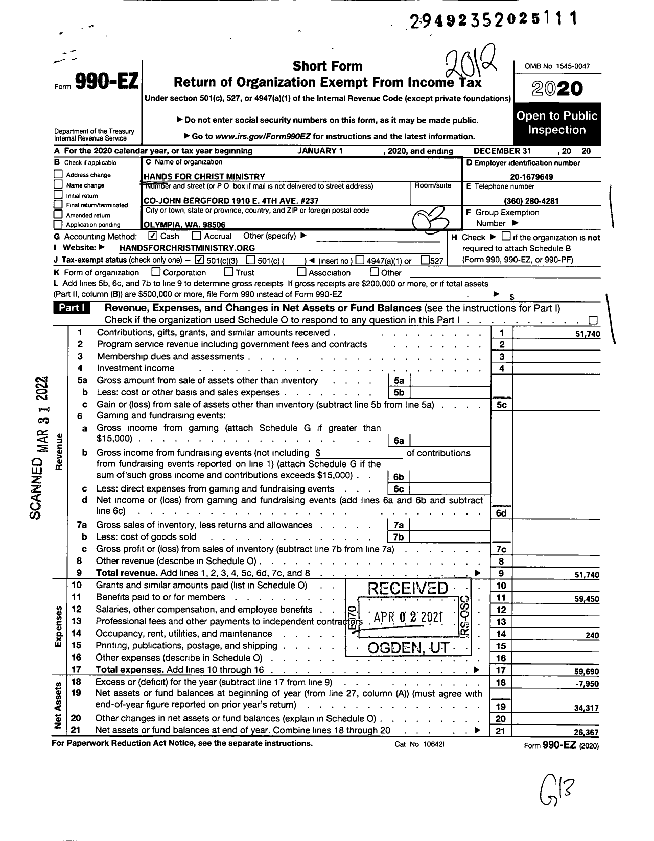 Image of first page of 2020 Form 990EZ for Hands for Christ Ministry