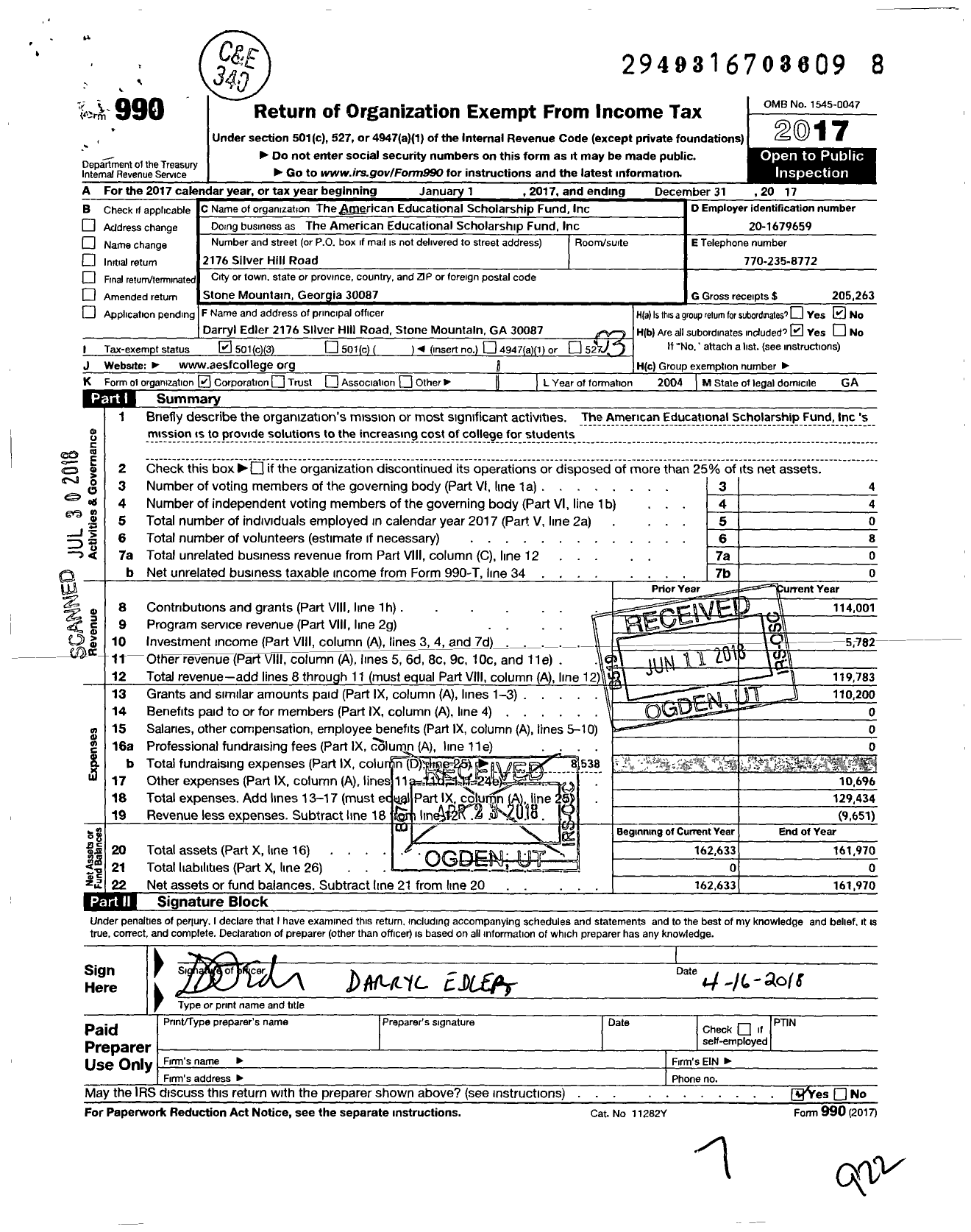 Image of first page of 2017 Form 990 for The American Educational Scholarship Fund