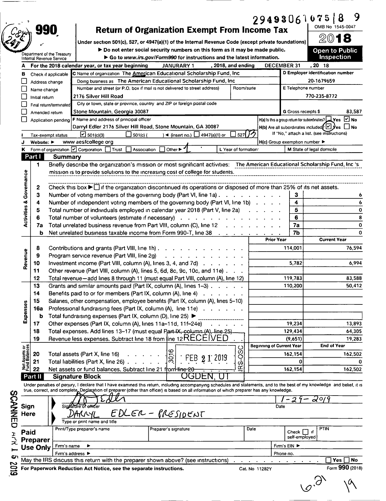 Image of first page of 2018 Form 990 for The American Educational Scholarship Fund