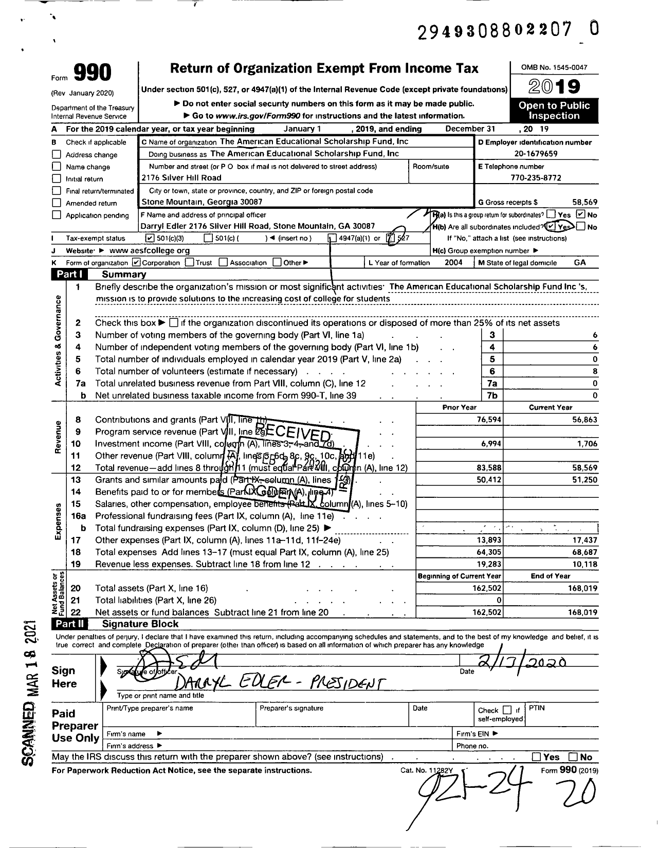 Image of first page of 2019 Form 990 for The American Educational Scholarship Fund