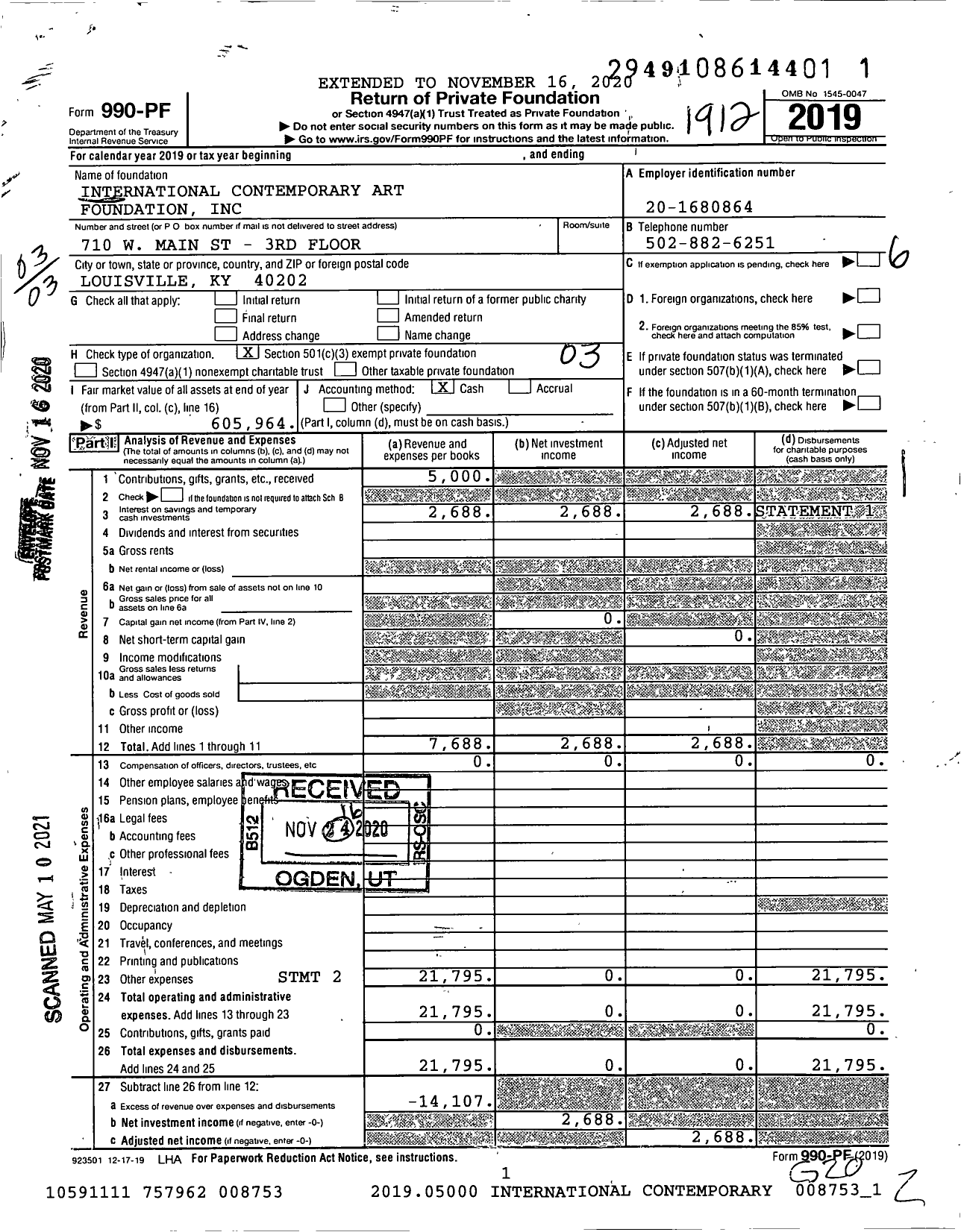 Image of first page of 2019 Form 990PF for International Contemporary Art Foundation