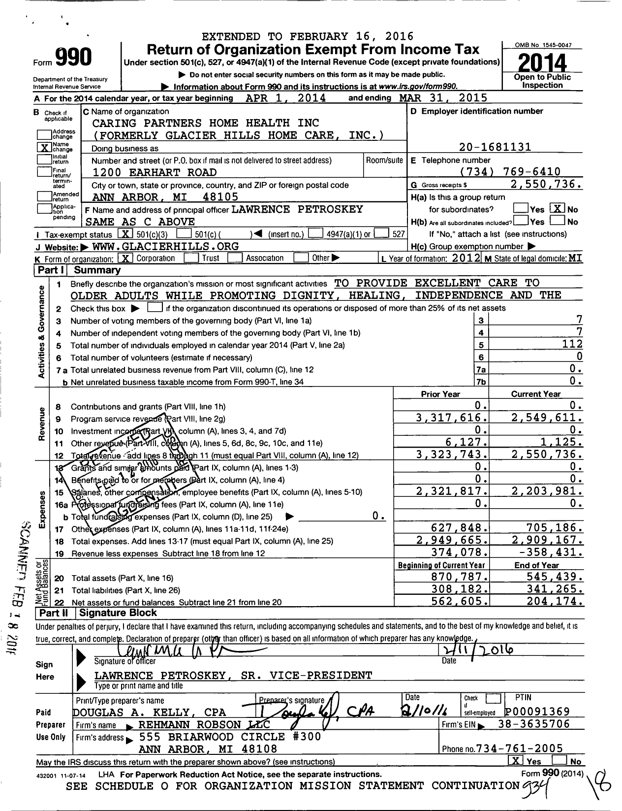 Image of first page of 2014 Form 990 for Caring Partners Home Health