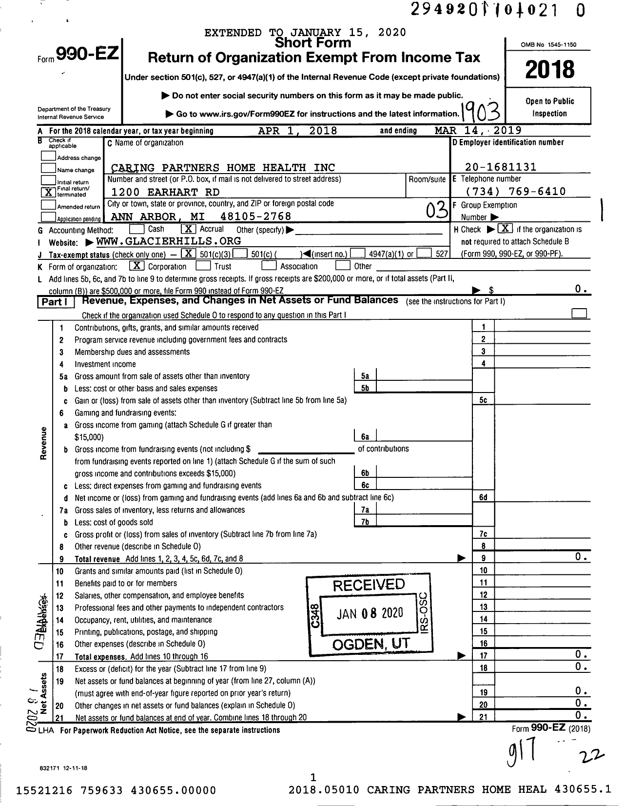 Image of first page of 2018 Form 990EZ for Caring Partners Home Health