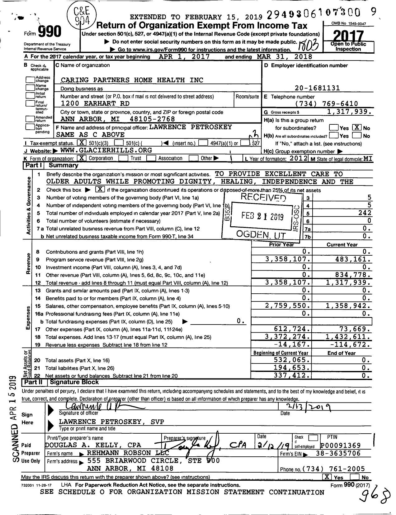 Image of first page of 2017 Form 990 for Caring Partners Home Health