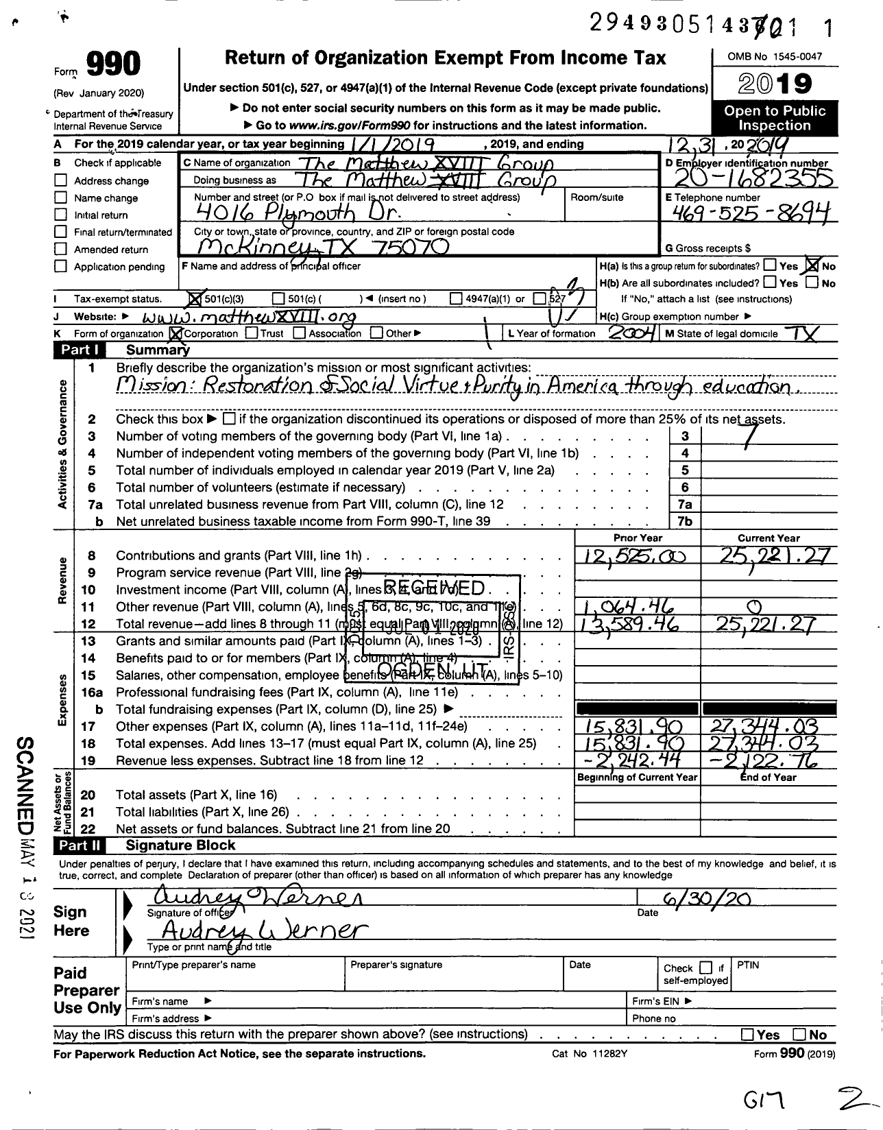 Image of first page of 2019 Form 990 for The Matthew Xviii Group