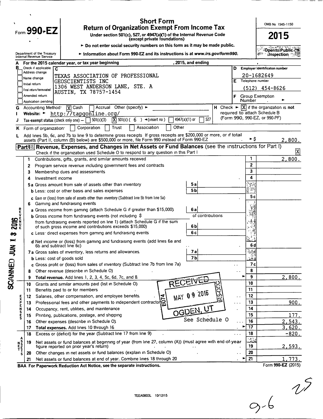 Image of first page of 2015 Form 990EO for Texas Association of Professional Geoscientists