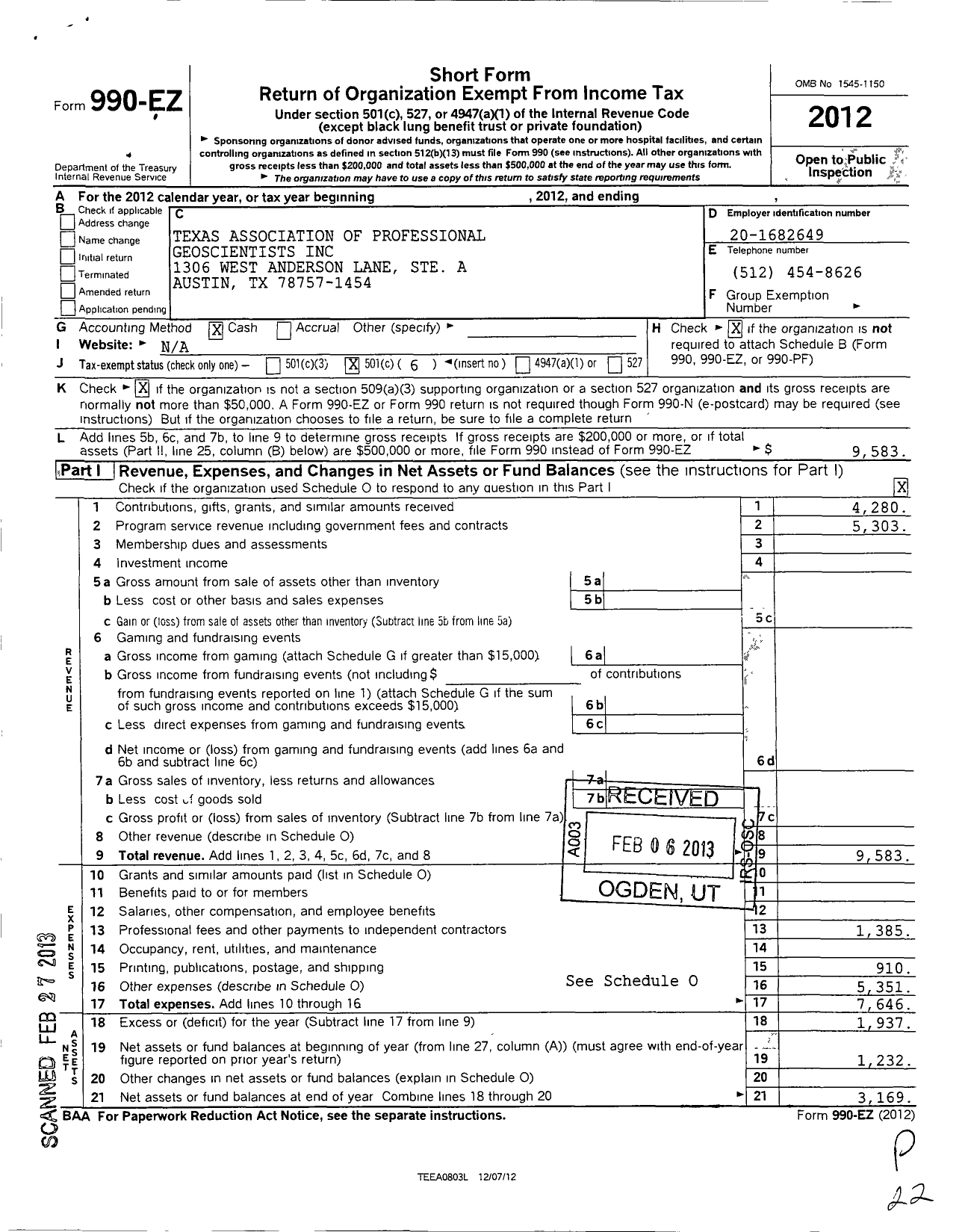 Image of first page of 2012 Form 990EO for Texas Association of Professional Geoscientists