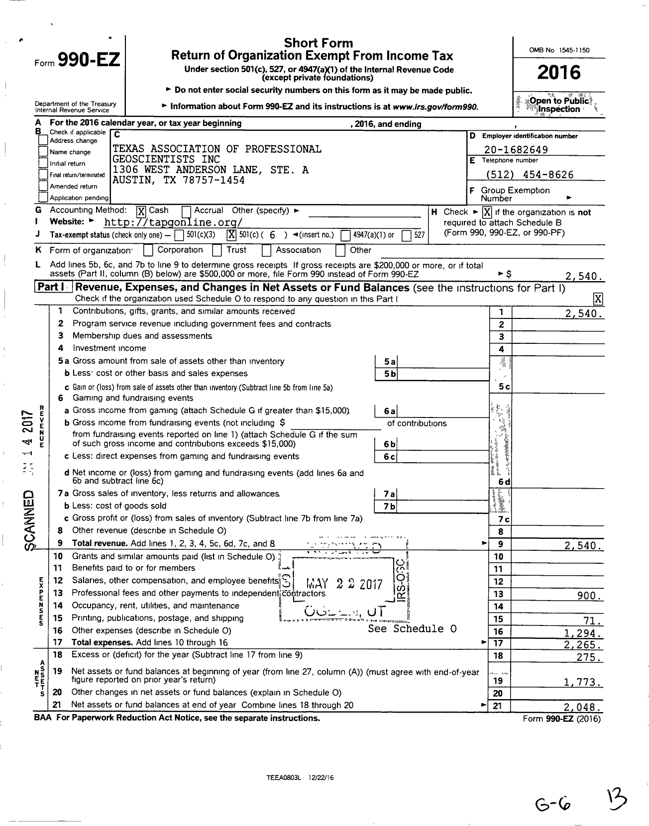 Image of first page of 2016 Form 990EO for Texas Association of Professional Geoscientists