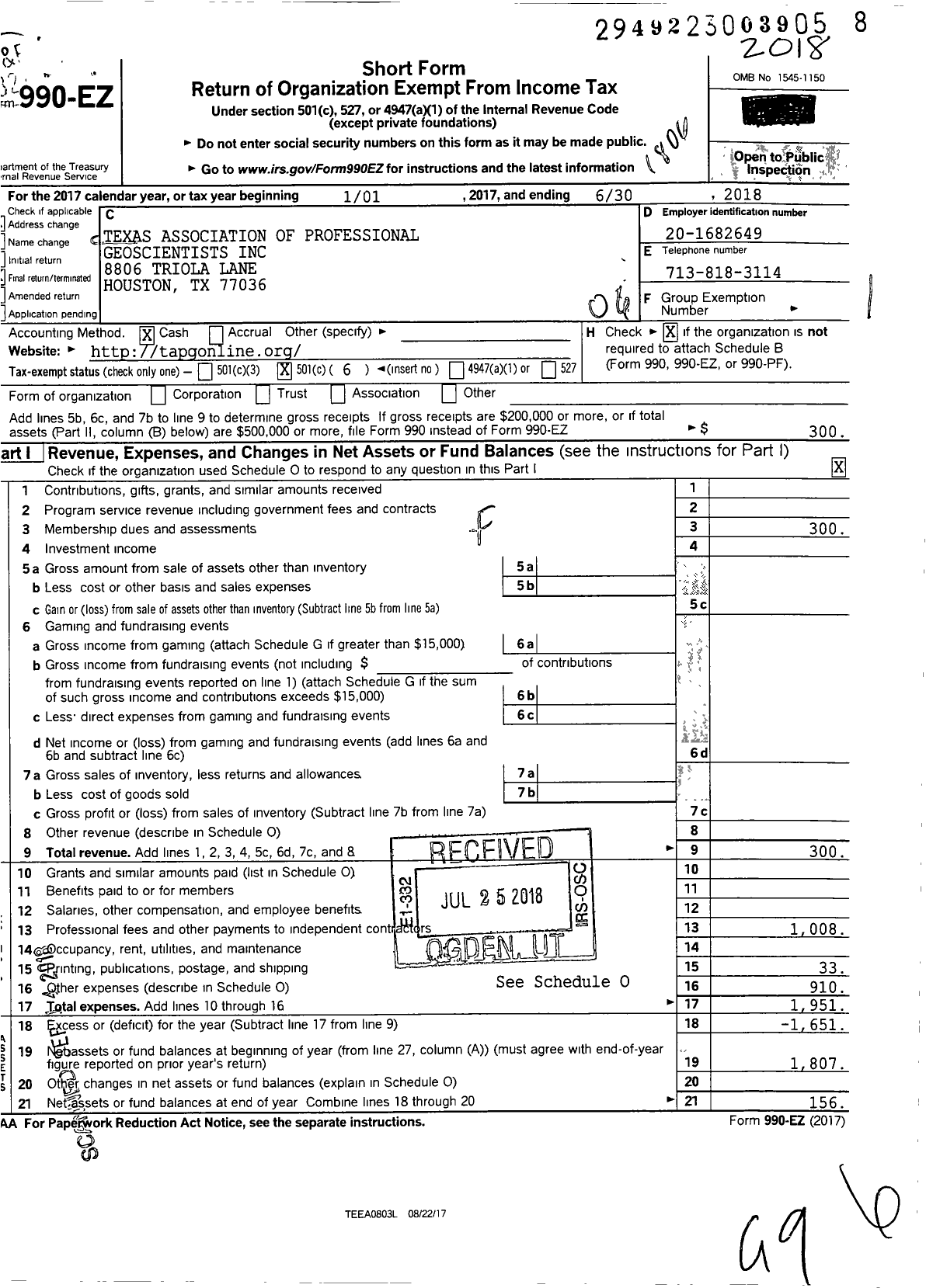 Image of first page of 2017 Form 990EO for Texas Association of Professional Geoscientists