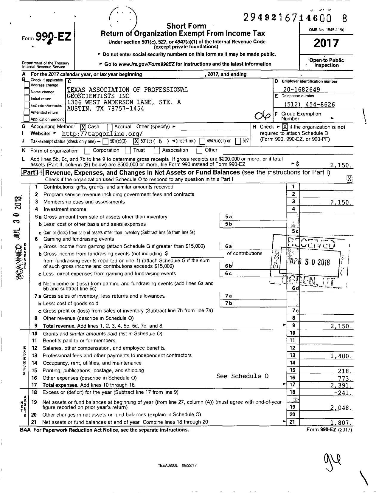 Image of first page of 2017 Form 990EO for Texas Association of Professional Geoscientists