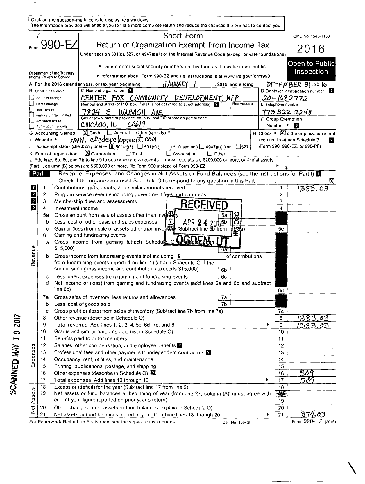 Image of first page of 2016 Form 990EZ for Center for Community Development NFP