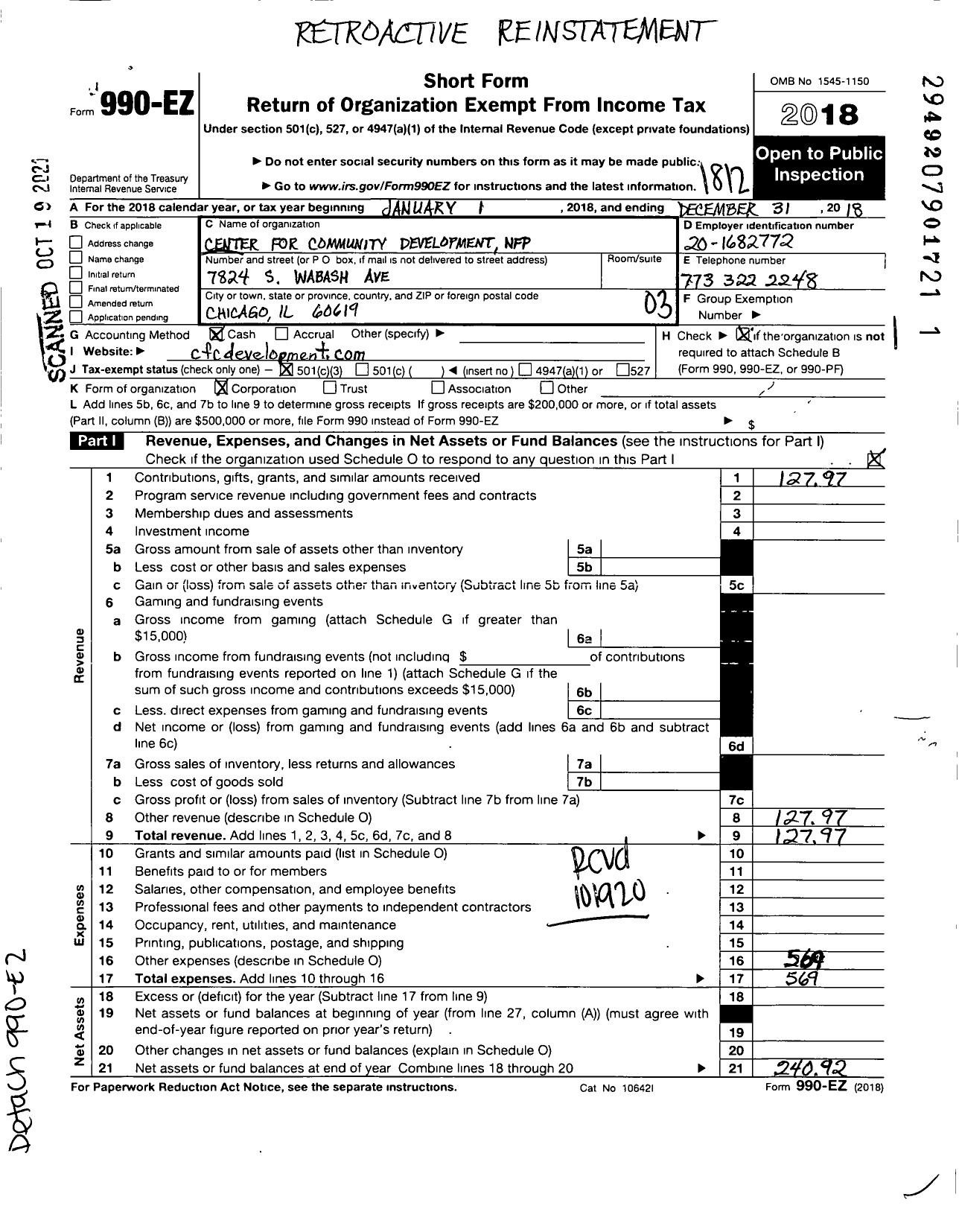 Image of first page of 2018 Form 990EZ for Center for Community Development NFP