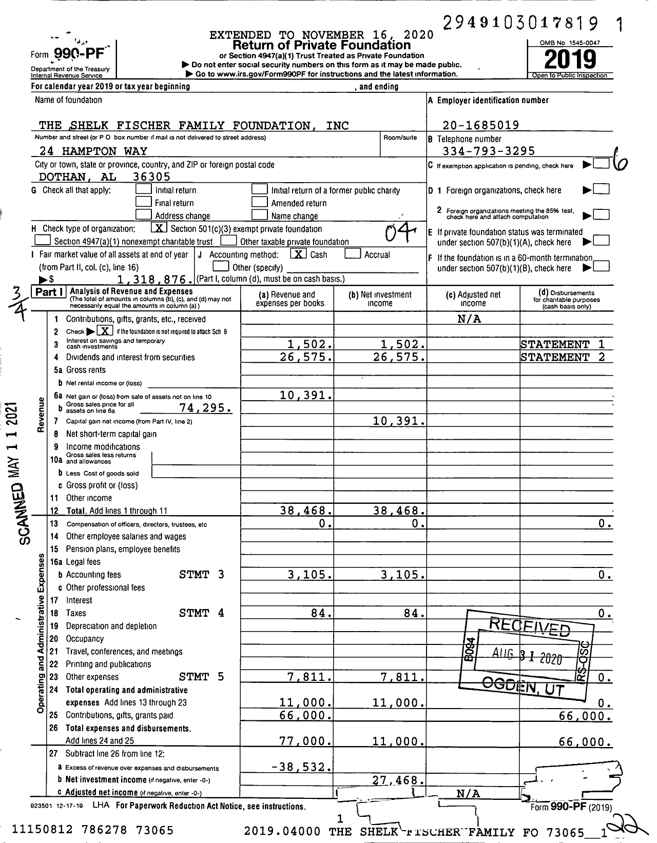 Image of first page of 2019 Form 990PF for The Shelk Fischer Family Foundation