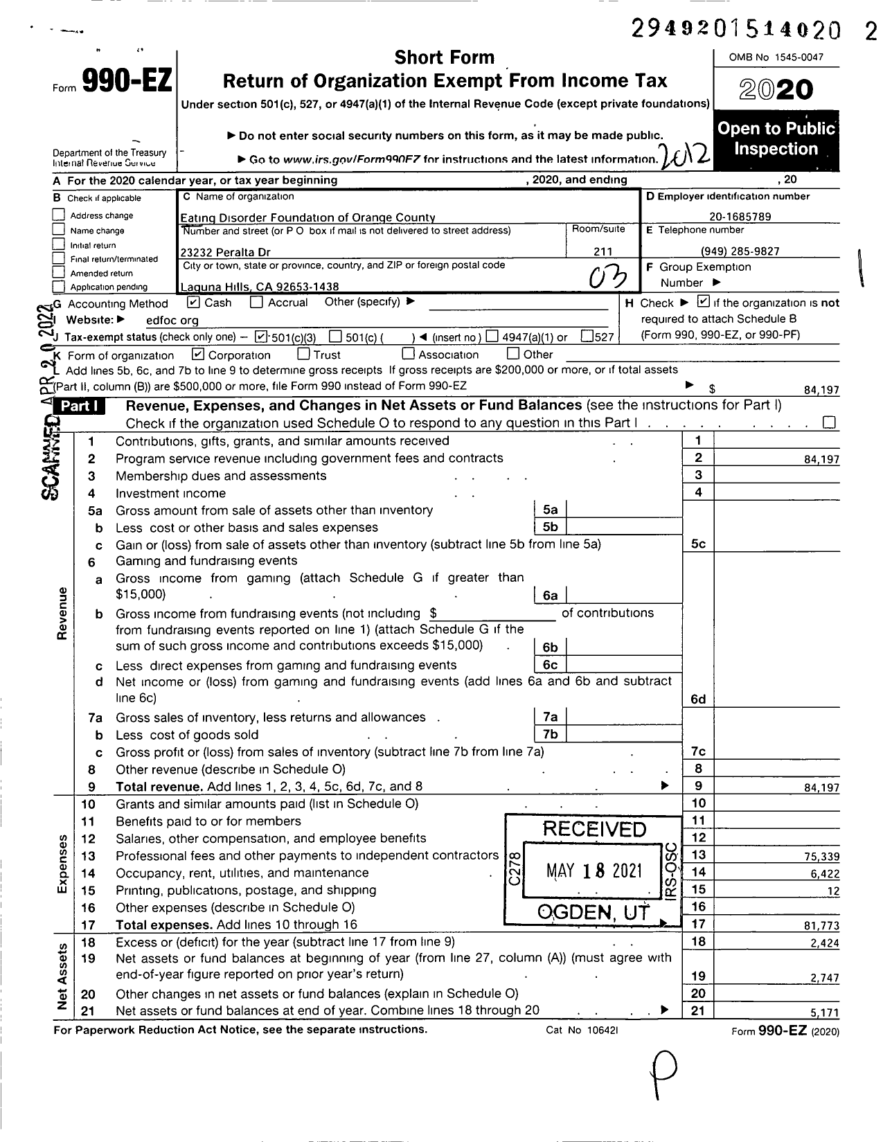 Image of first page of 2020 Form 990EZ for Eating Disorder Foundation of Orange County