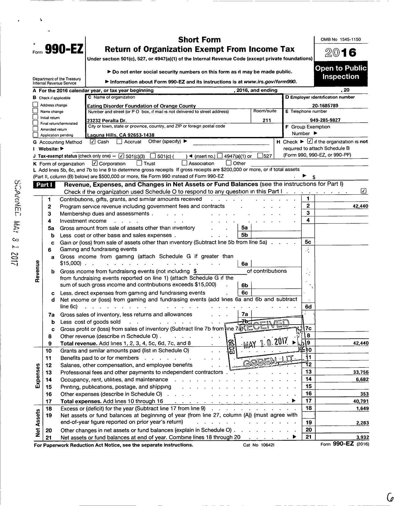 Image of first page of 2016 Form 990EZ for Eating Disorder Foundation of Orange County