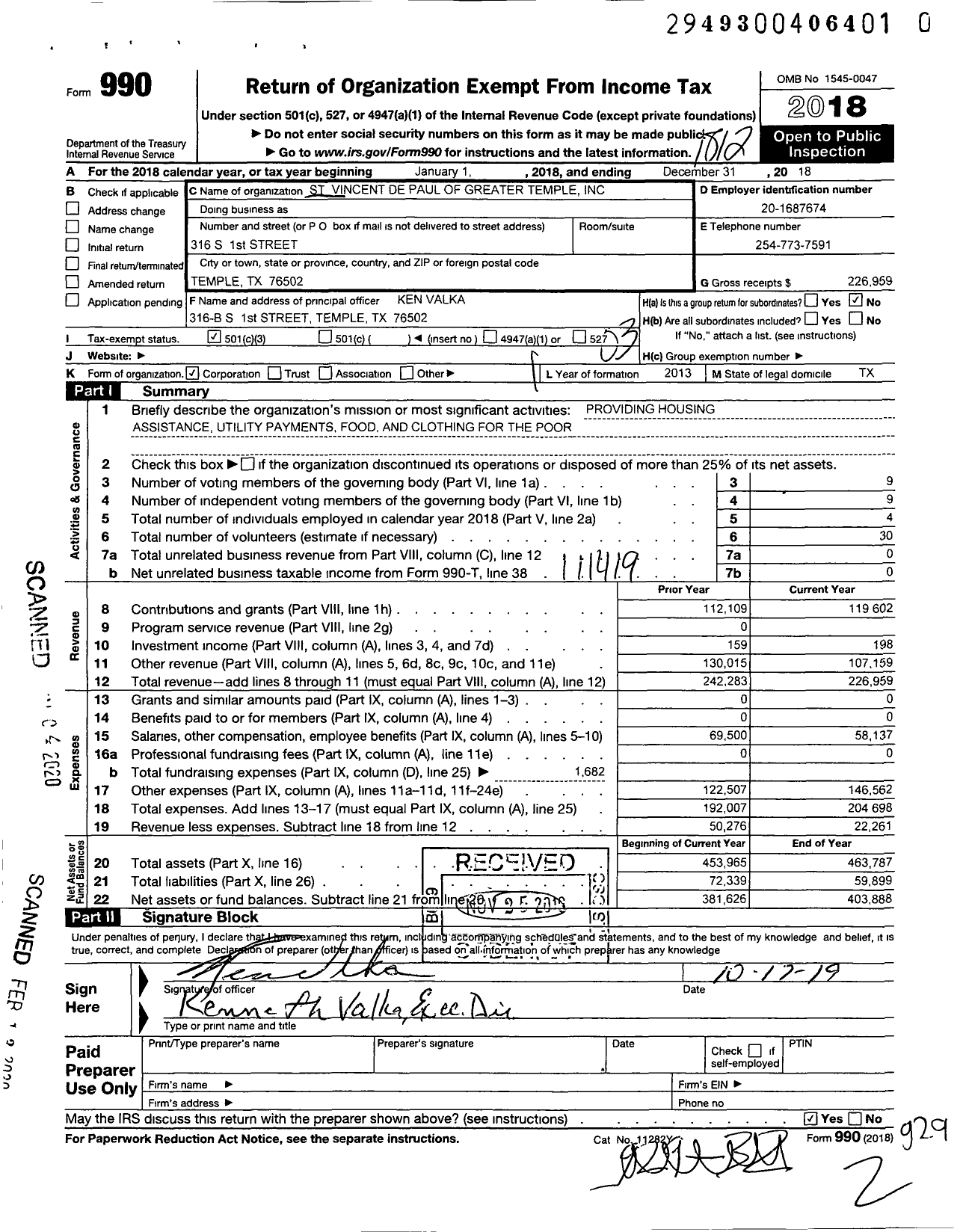 Image of first page of 2018 Form 990 for St Vincent de Paul of Greater