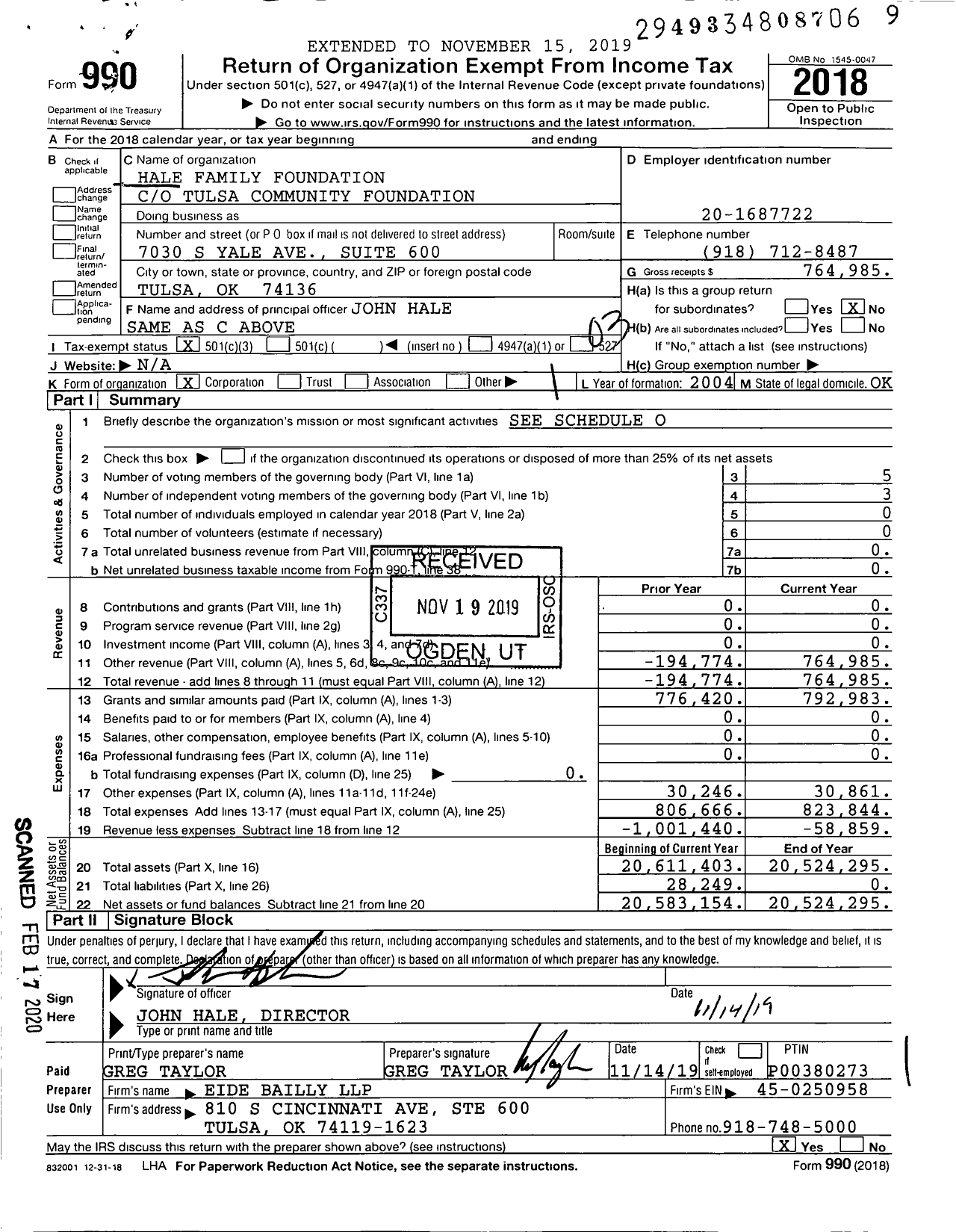 Image of first page of 2018 Form 990 for Hale Family Foundation