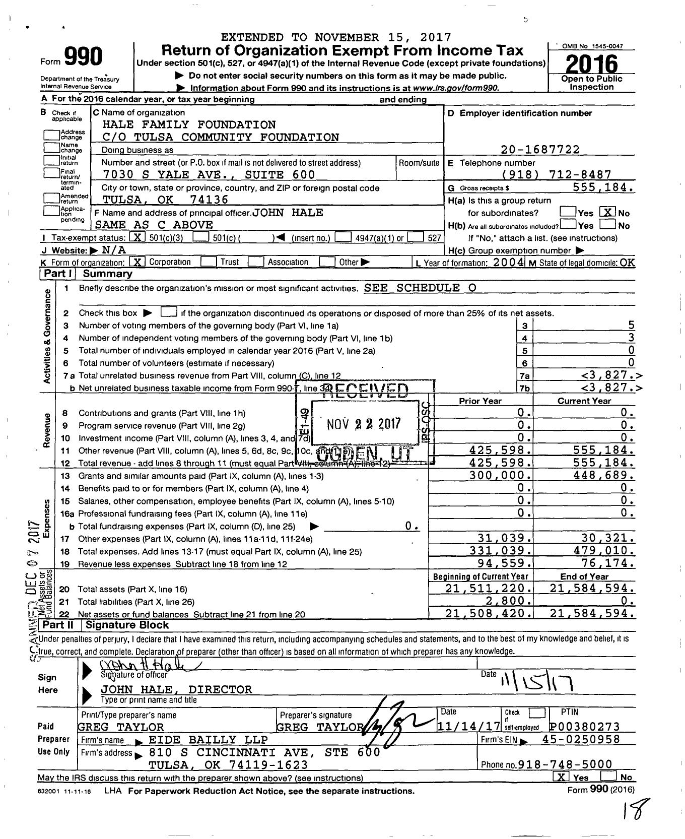 Image of first page of 2016 Form 990 for Hale Family Foundation
