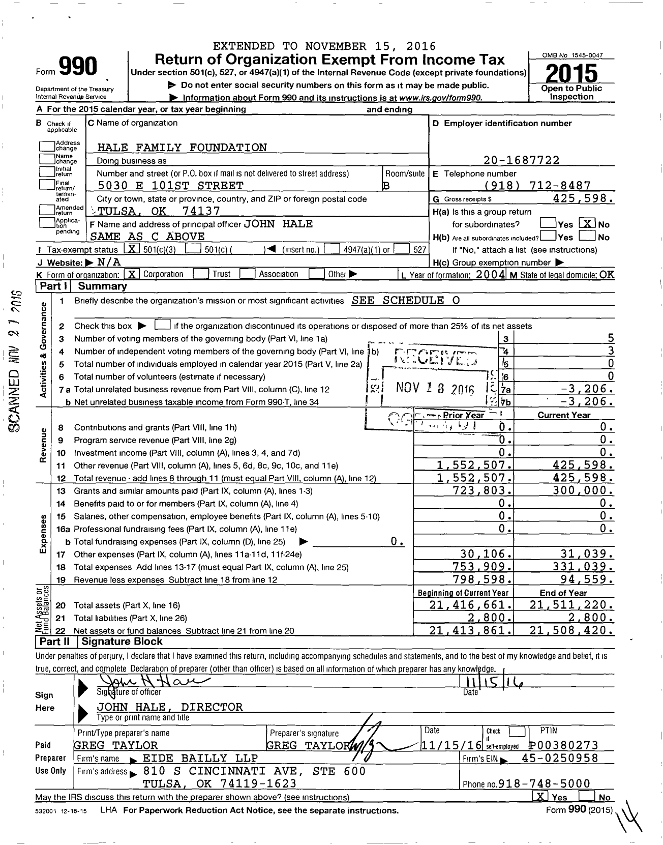 Image of first page of 2015 Form 990 for Hale Family Foundation