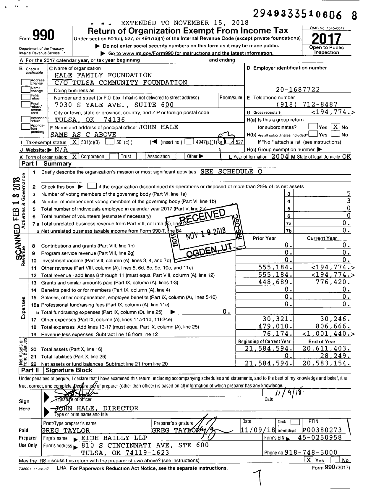 Image of first page of 2017 Form 990 for Hale Family Foundation