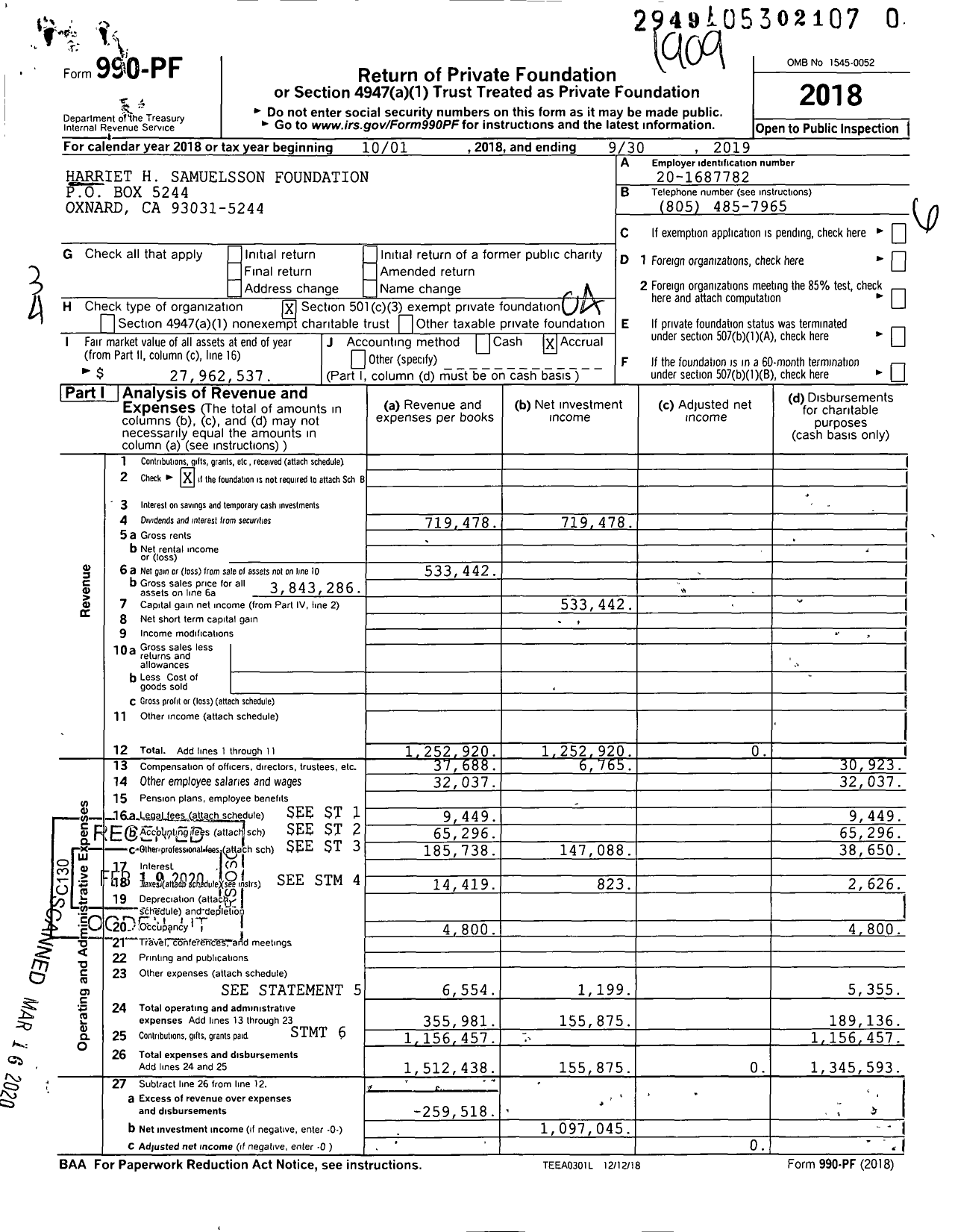 Image of first page of 2018 Form 990PR for Harriet H Samuelsson Foundation