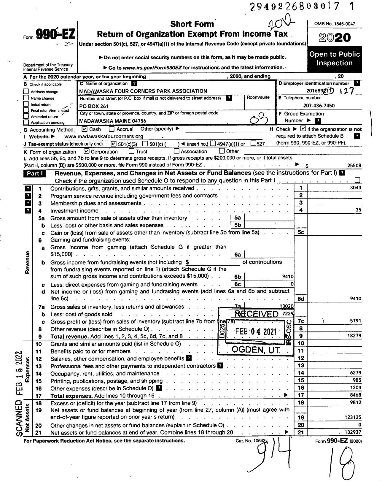 Image of first page of 2020 Form 990EZ for Madawaska Four Corners Park Association