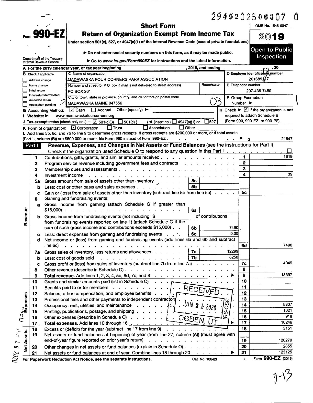 Image of first page of 2019 Form 990EZ for Madawaska Four Corners Park Association