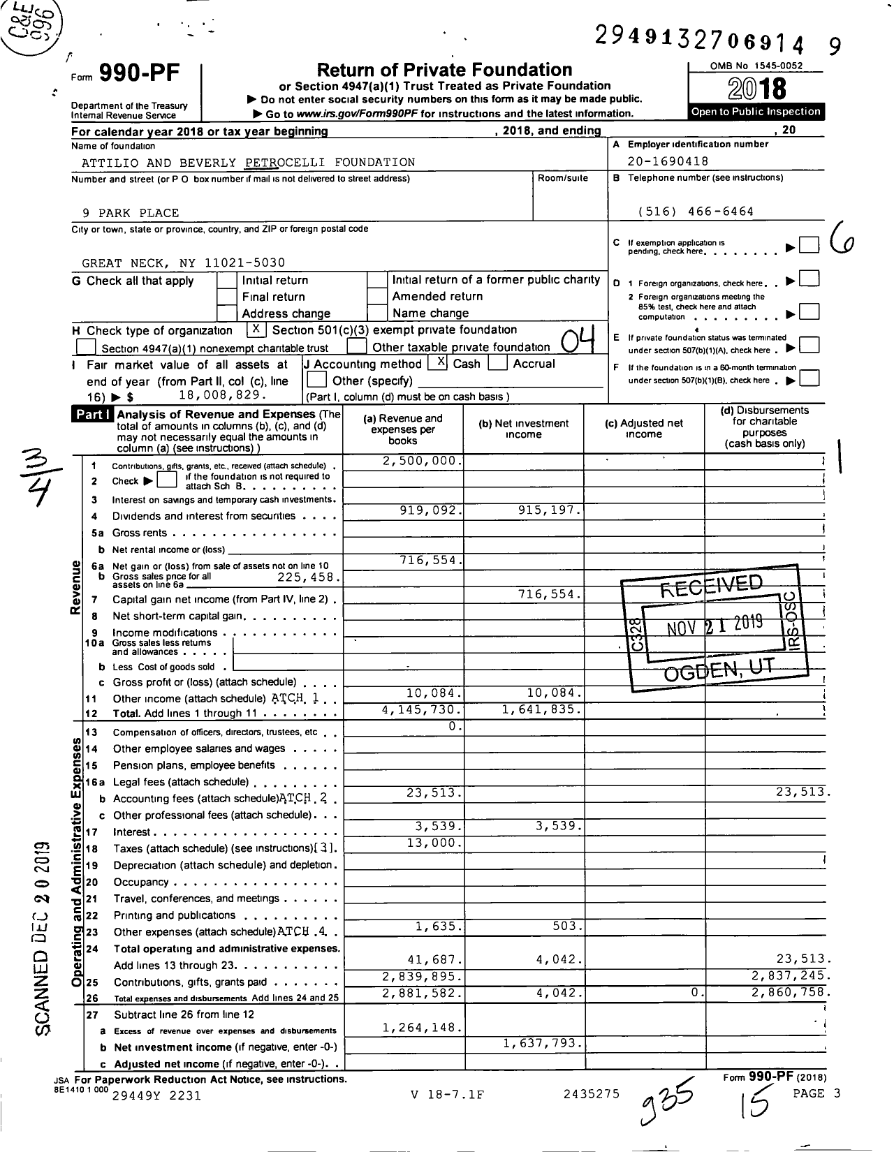 Image of first page of 2018 Form 990PF for The Petrocelli Family Foundation