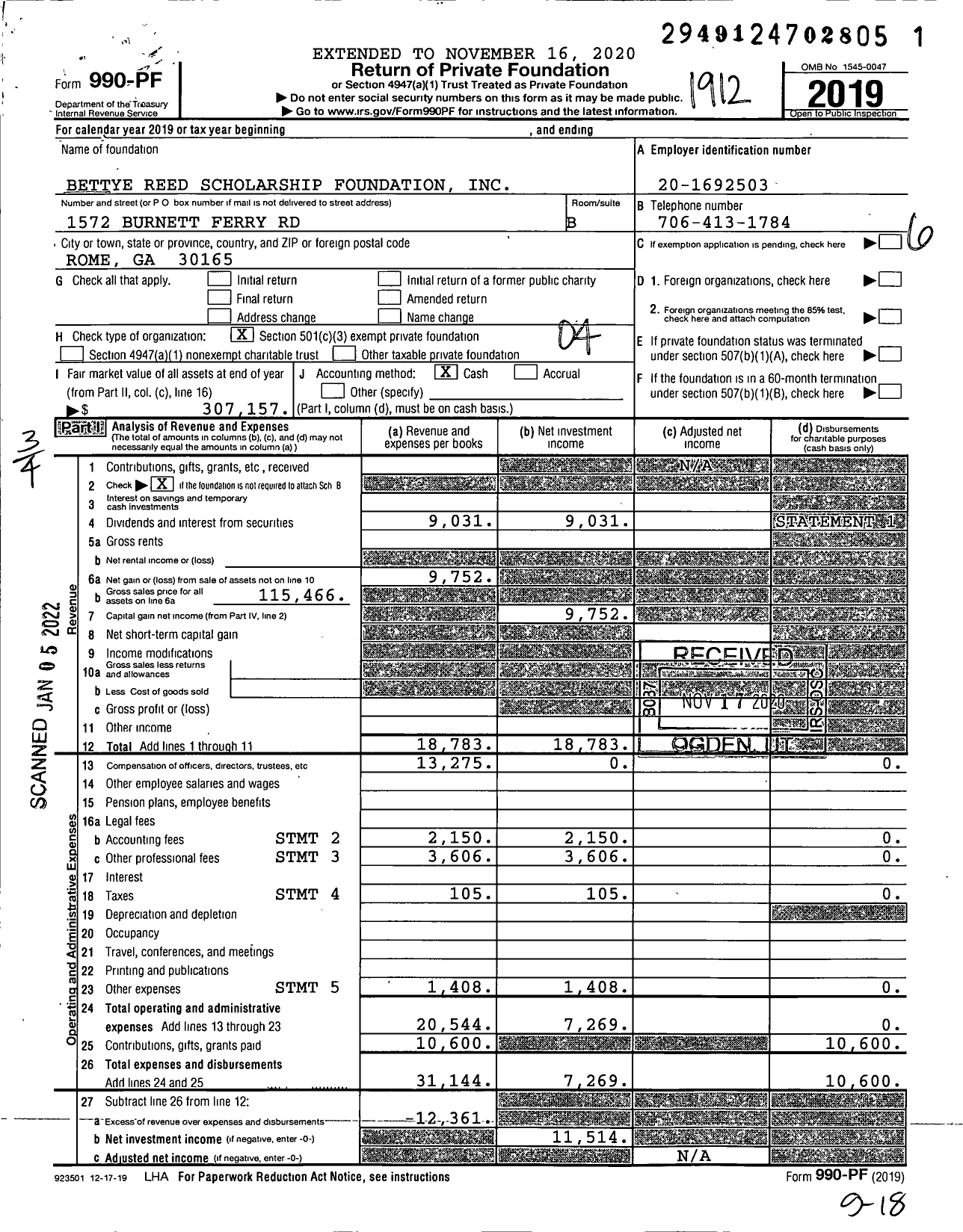 Image of first page of 2019 Form 990PF for Bettye Reed Scholarship Foundation