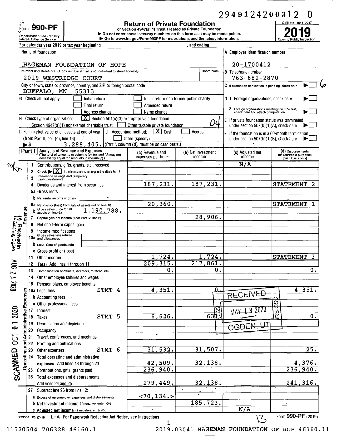 Image of first page of 2019 Form 990PR for Hageman Foundation of Hope