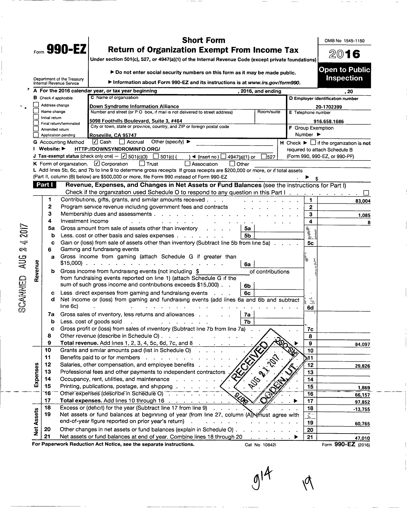 Image of first page of 2016 Form 990EZ for Down Syndrome Information Alliance