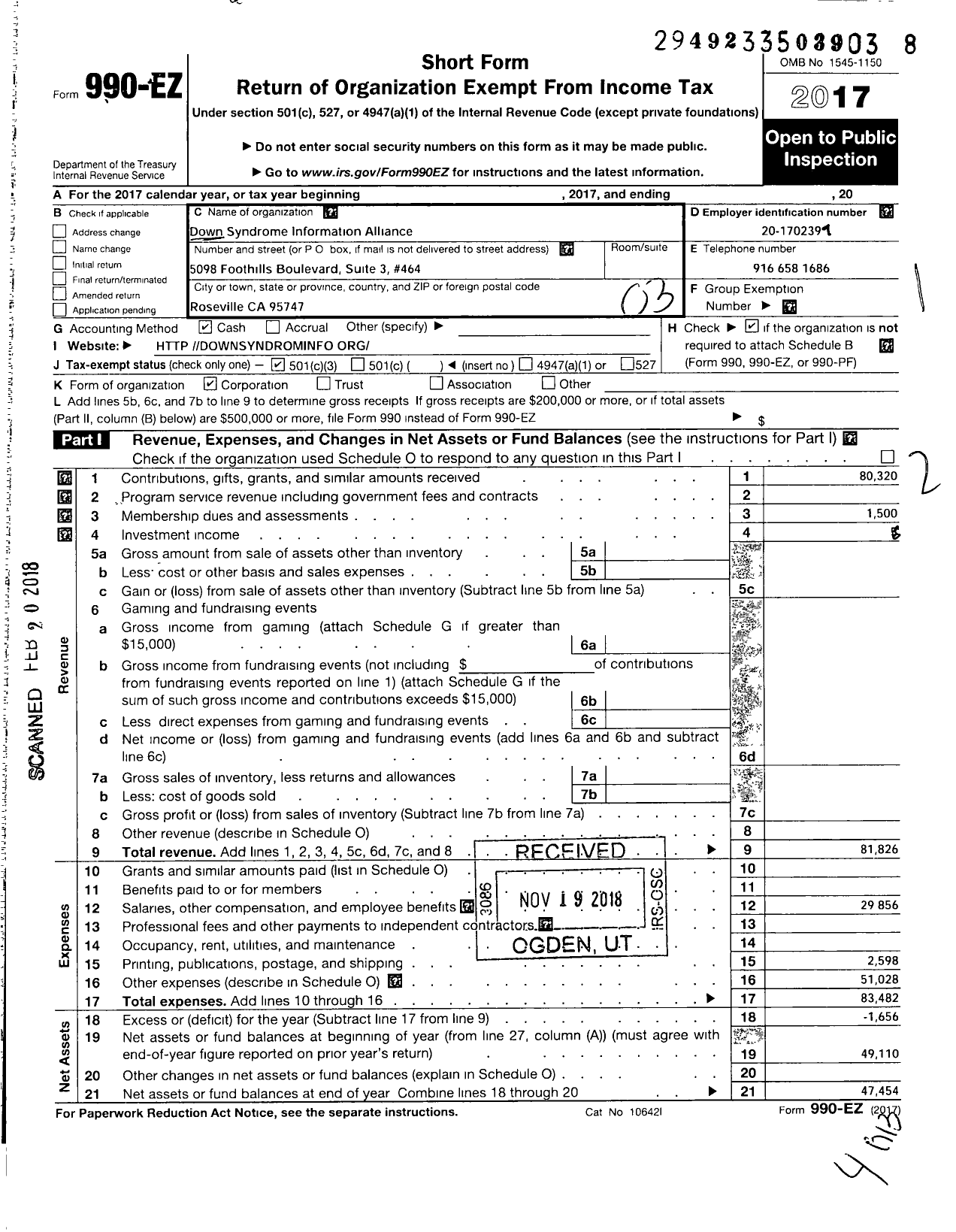 Image of first page of 2017 Form 990EZ for Down Syndrome Information Alliance