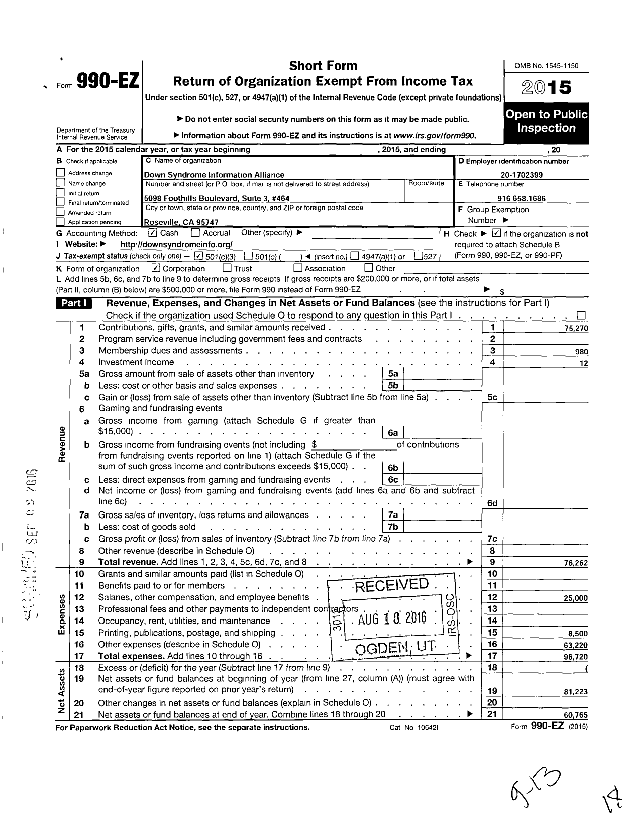 Image of first page of 2015 Form 990EZ for Down Syndrome Information Alliance