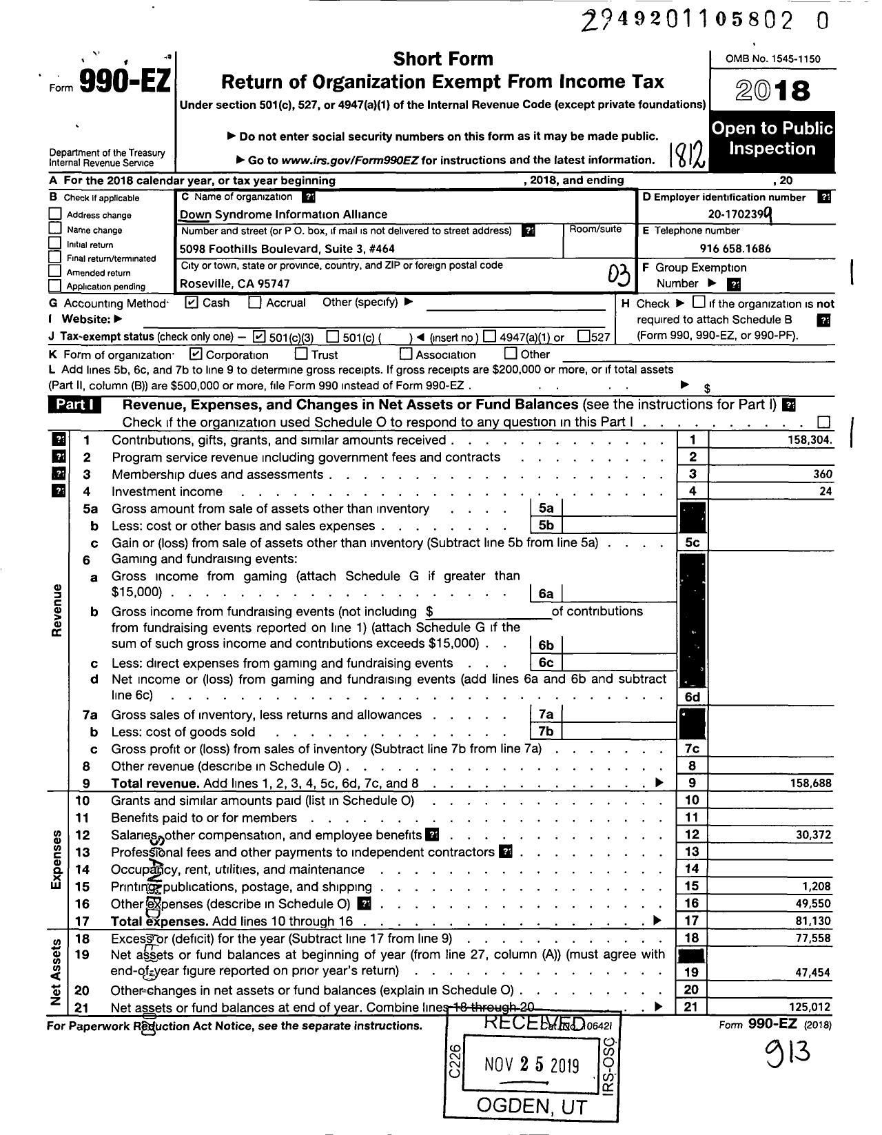 Image of first page of 2018 Form 990EZ for Down Syndrome Information Alliance