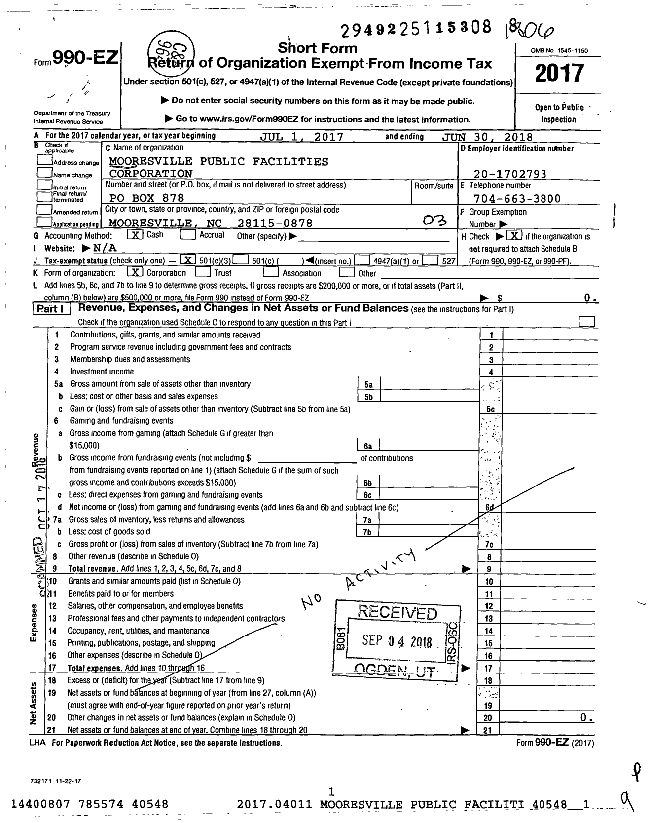 Image of first page of 2017 Form 990EZ for Mooresville Public Facilities Corporation