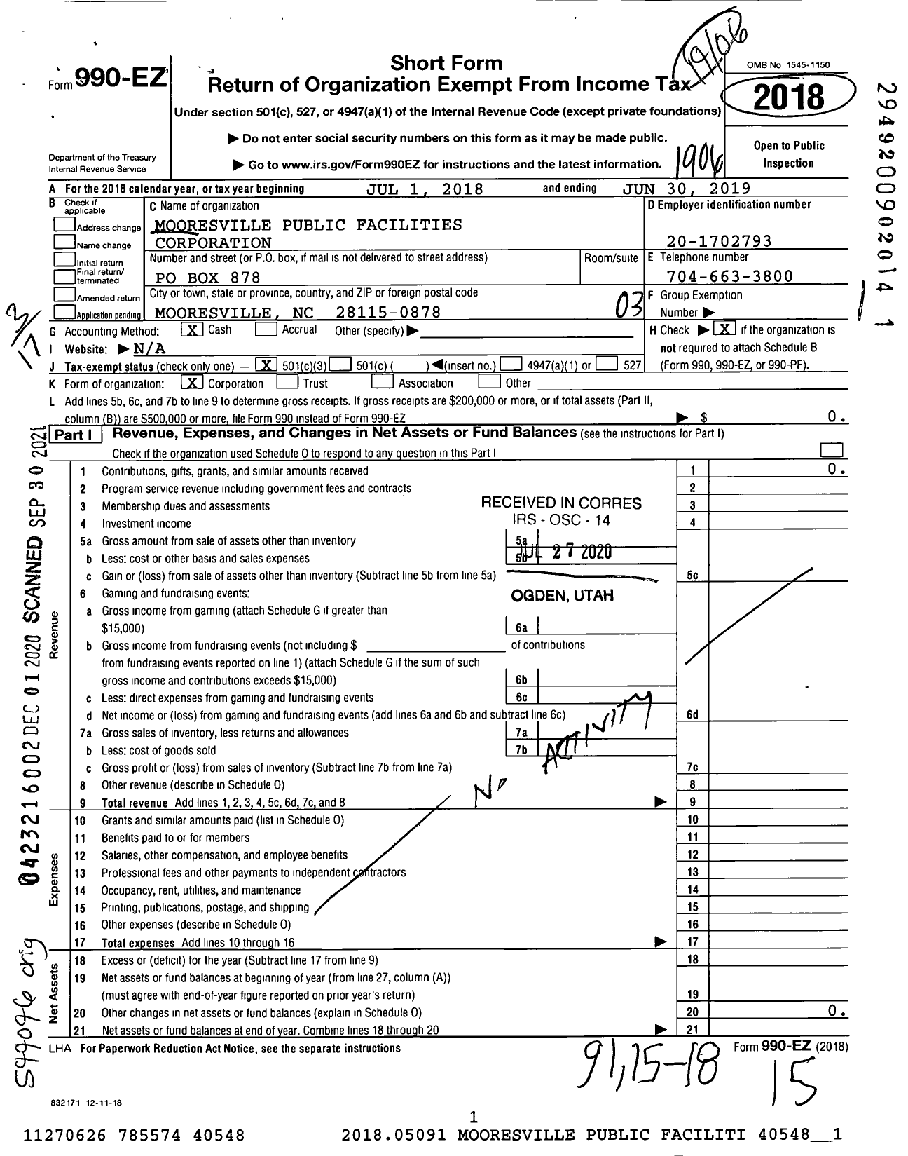 Image of first page of 2018 Form 990EZ for Mooresville Public Facilities Corporation